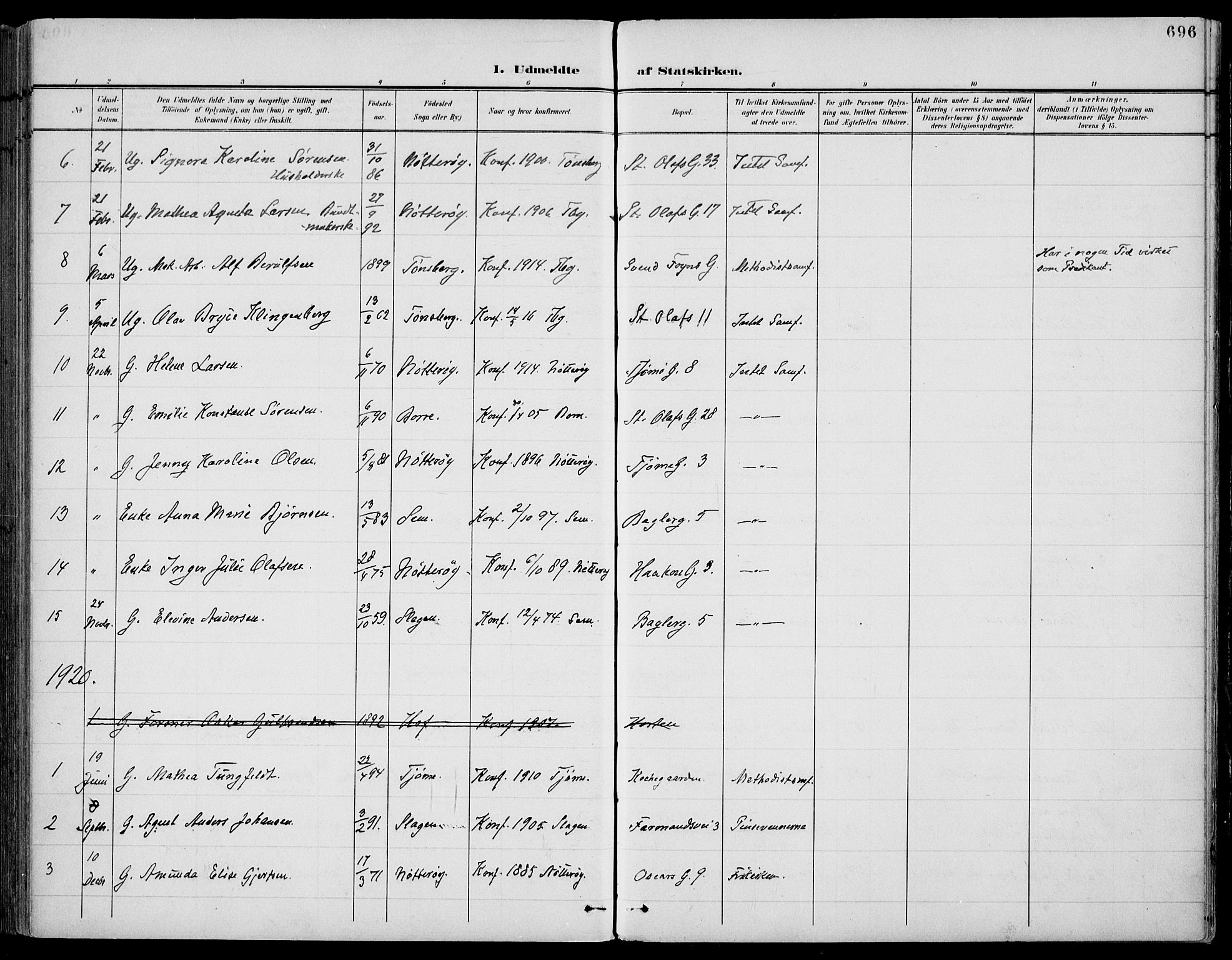 Tønsberg kirkebøker, AV/SAKO-A-330/F/Fa/L0013: Parish register (official) no. I 13, 1900-1913, p. 696