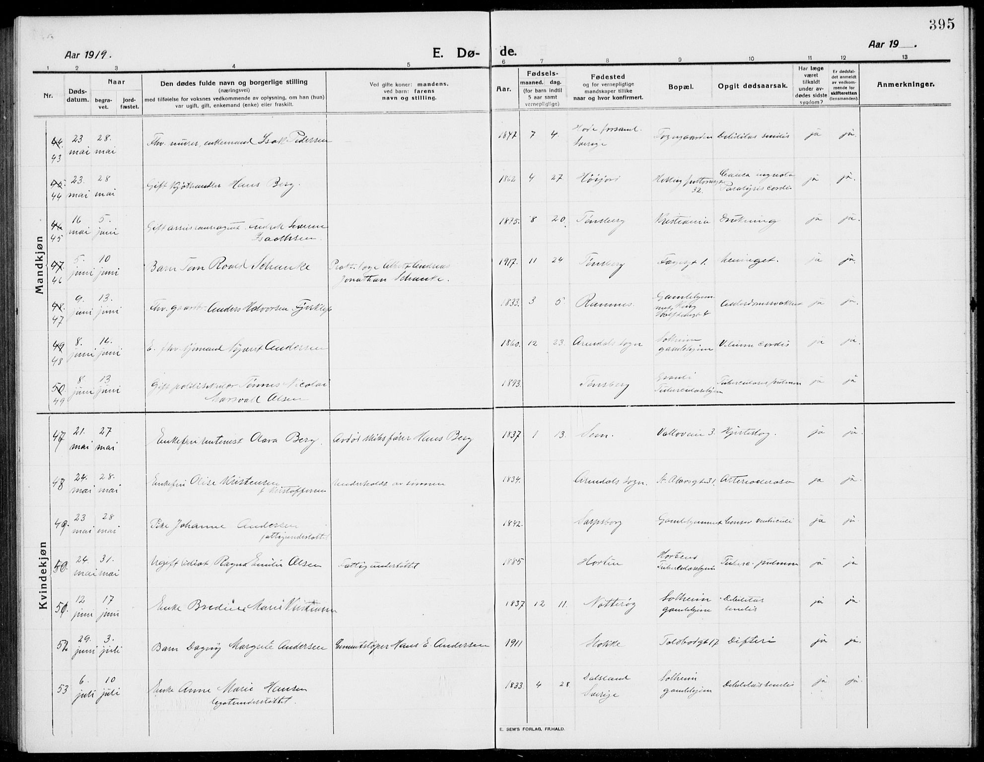 Tønsberg kirkebøker, AV/SAKO-A-330/G/Ga/L0009: Parish register (copy) no. 9, 1913-1920, p. 395