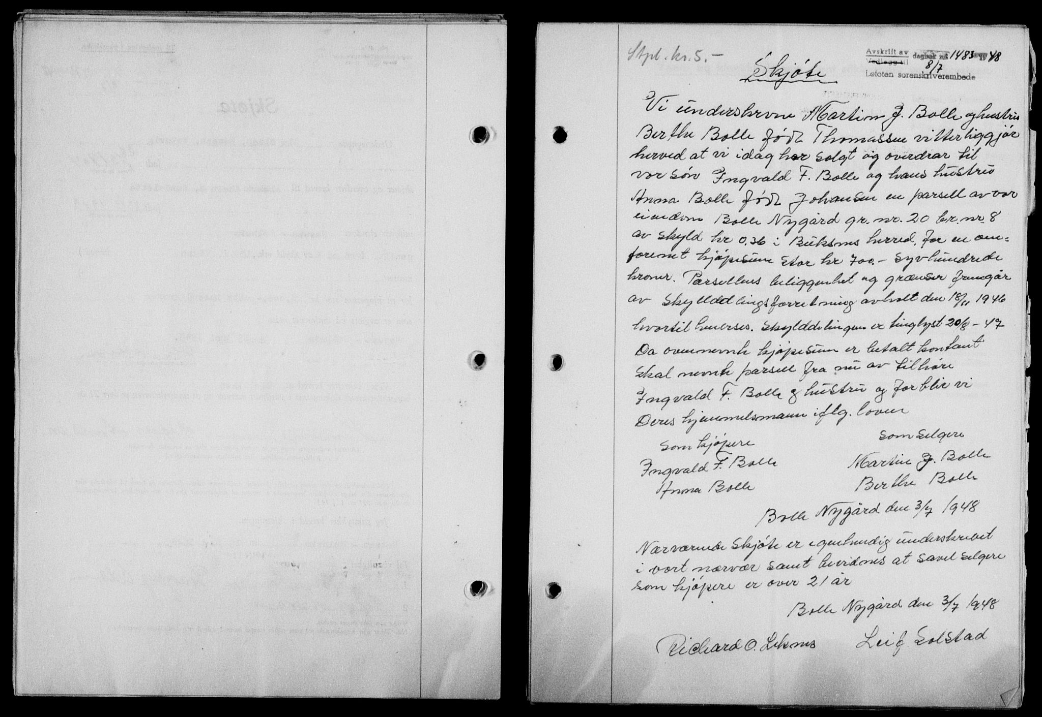 Lofoten sorenskriveri, SAT/A-0017/1/2/2C/L0018a: Mortgage book no. 18a, 1948-1948, Diary no: : 1483/1948