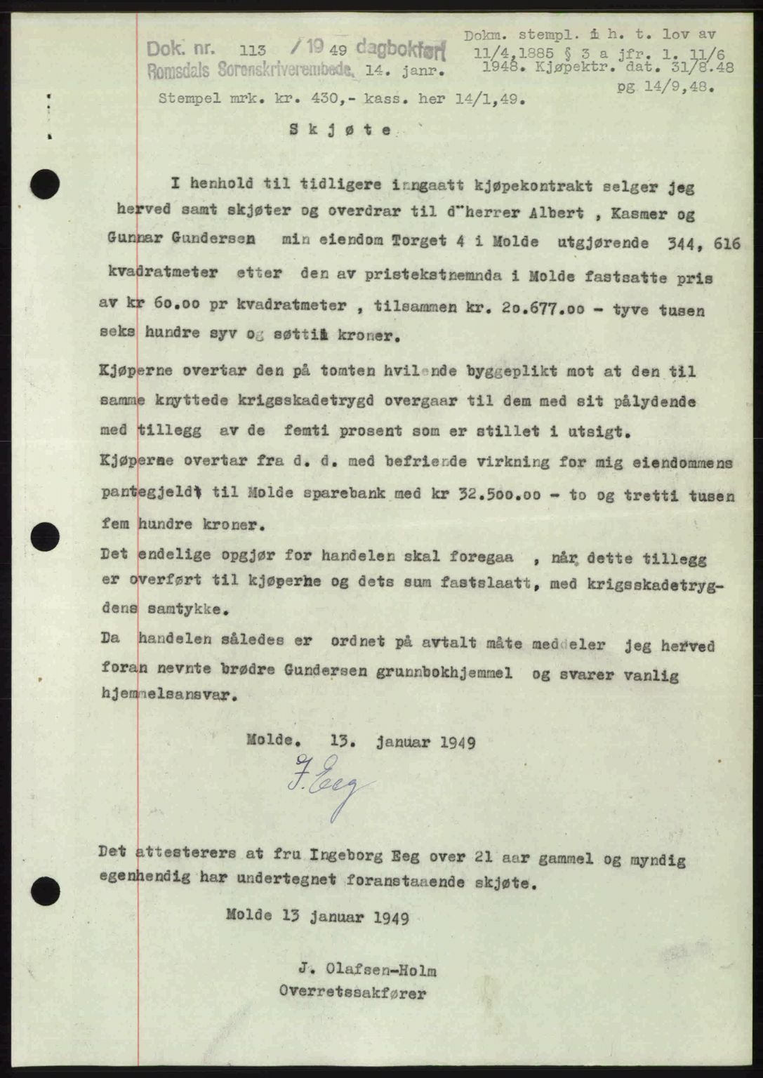 Romsdal sorenskriveri, AV/SAT-A-4149/1/2/2C: Mortgage book no. A28, 1948-1949, Diary no: : 113/1949