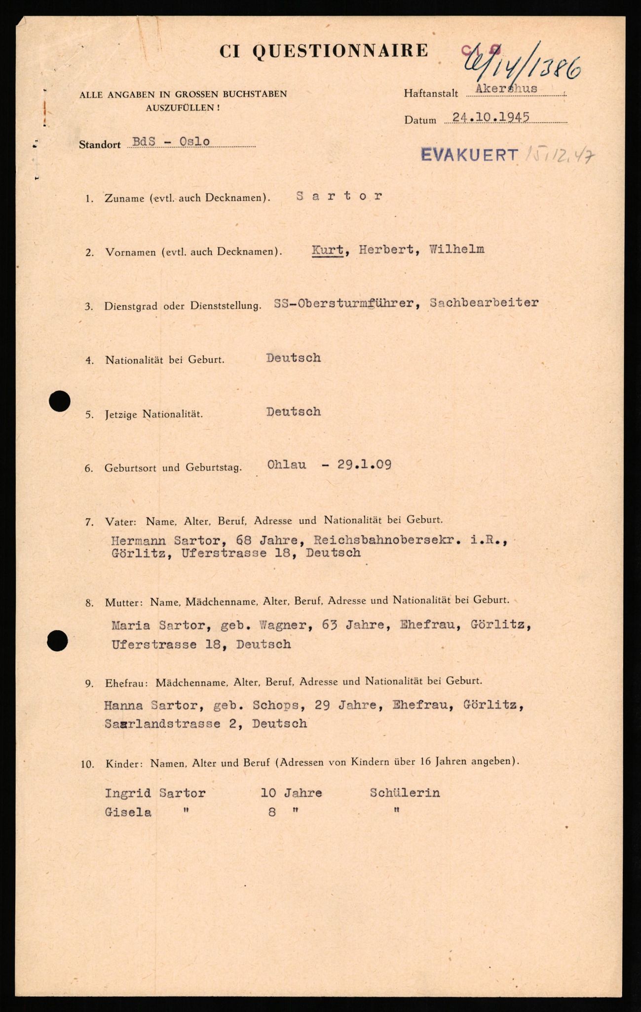 Forsvaret, Forsvarets overkommando II, RA/RAFA-3915/D/Db/L0028: CI Questionaires. Tyske okkupasjonsstyrker i Norge. Tyskere., 1945-1946, p. 454