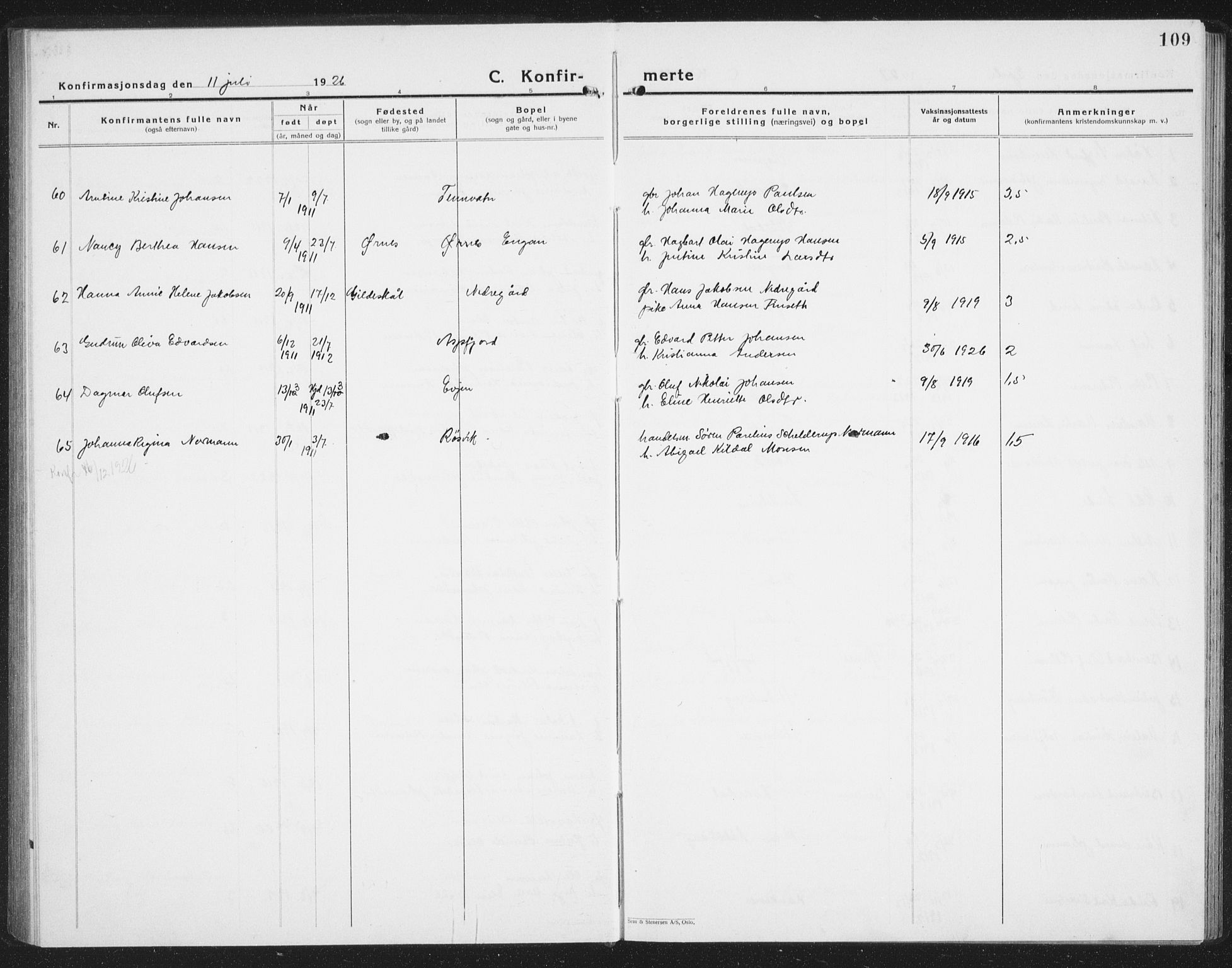 Ministerialprotokoller, klokkerbøker og fødselsregistre - Nordland, AV/SAT-A-1459/854/L0788: Parish register (copy) no. 854C04, 1926-1940, p. 109