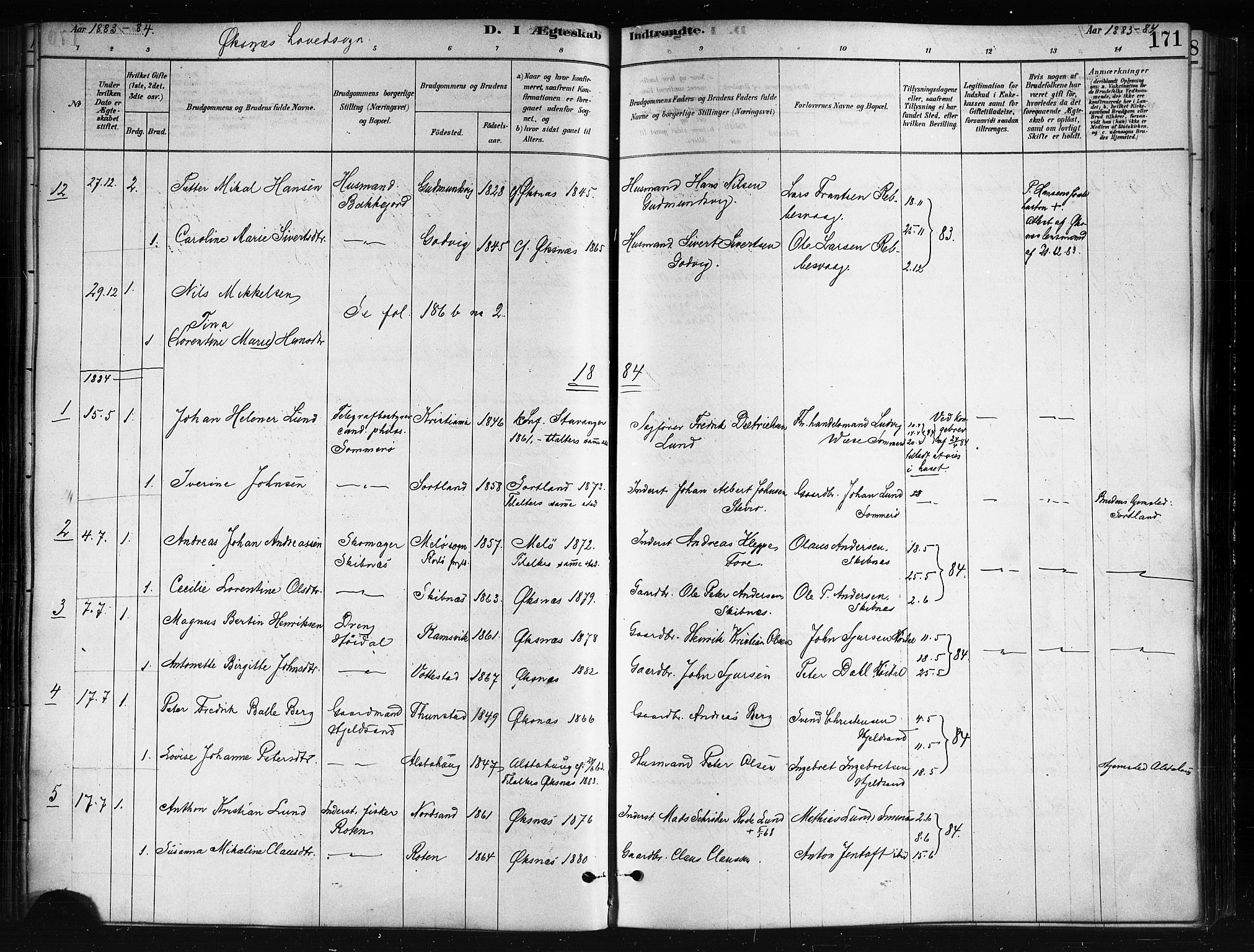 Ministerialprotokoller, klokkerbøker og fødselsregistre - Nordland, AV/SAT-A-1459/893/L1335: Parish register (official) no. 893A08 /1, 1878-1884, p. 171