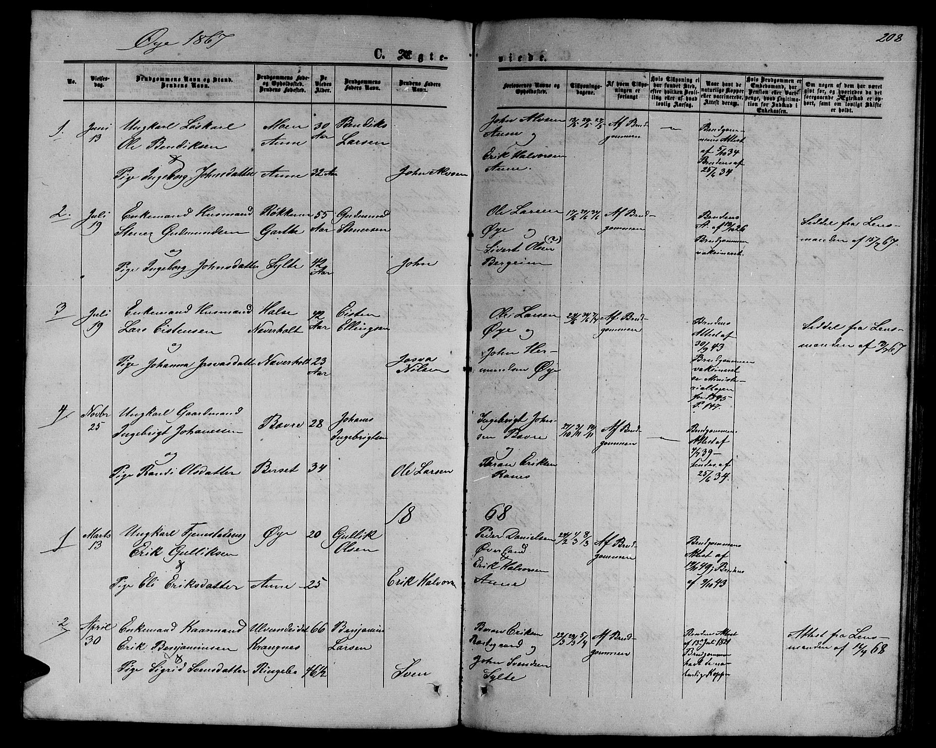 Ministerialprotokoller, klokkerbøker og fødselsregistre - Møre og Romsdal, SAT/A-1454/595/L1051: Parish register (copy) no. 595C03, 1866-1891, p. 208
