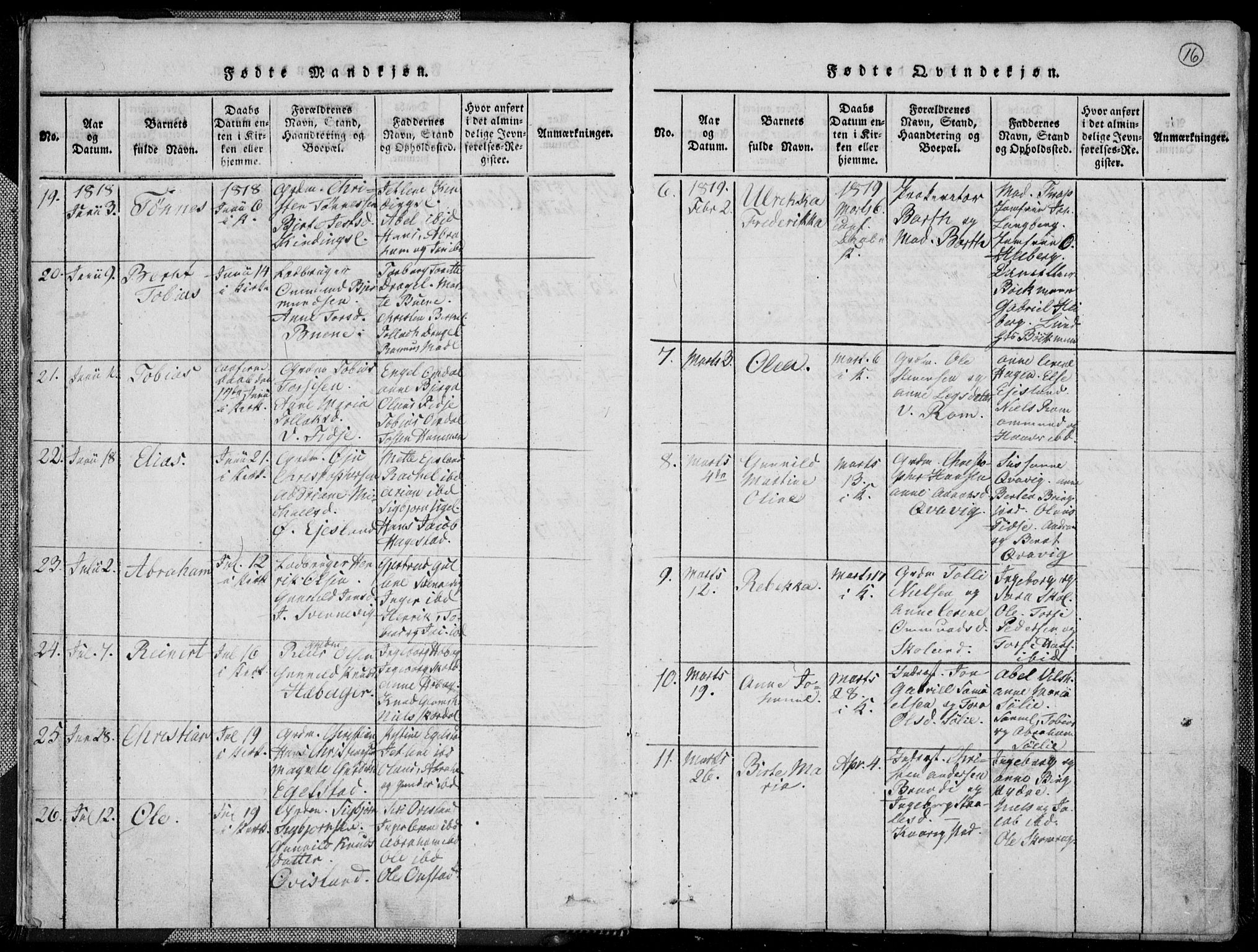 Lyngdal sokneprestkontor, AV/SAK-1111-0029/F/Fa/Fac/L0006: Parish register (official) no. A 6, 1815-1825, p. 16