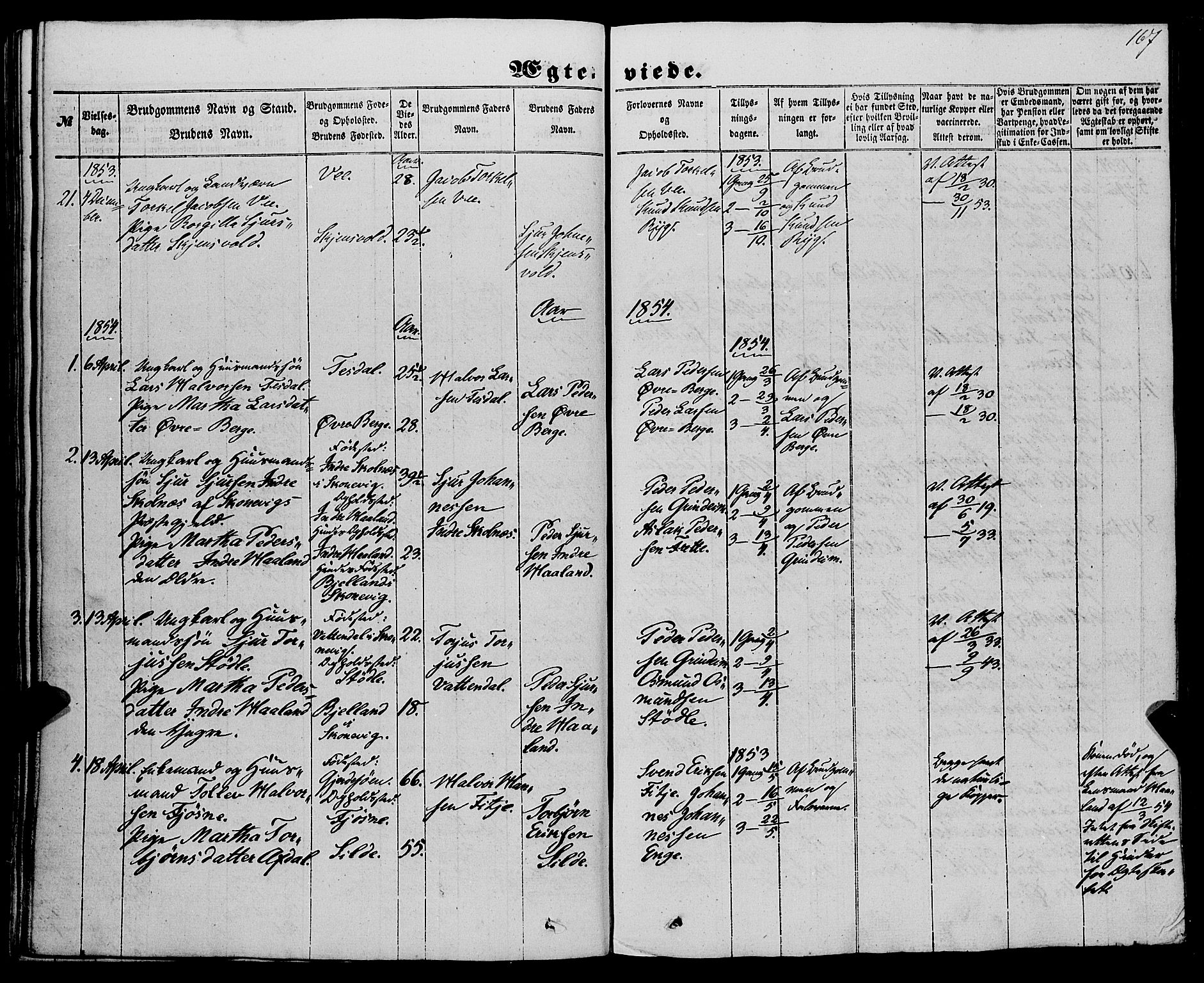 Etne sokneprestembete, AV/SAB-A-75001/H/Haa: Parish register (official) no. A 8, 1848-1862, p. 167