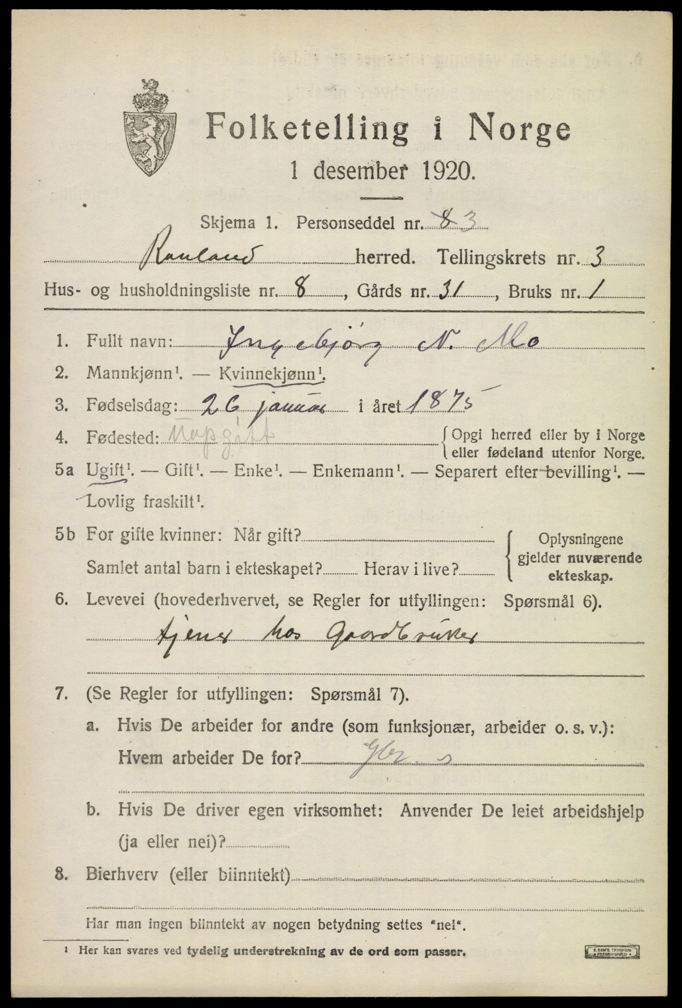 SAKO, 1920 census for Rauland, 1920, p. 794