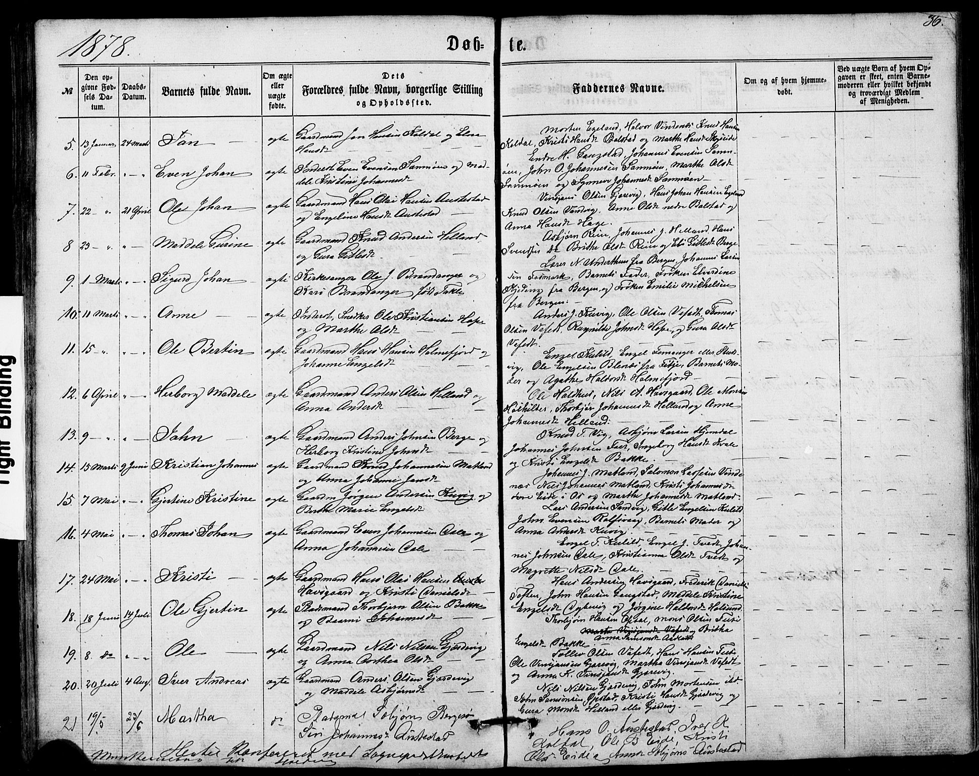 Fusa sokneprestembete, SAB/A-75401/H/Hab: Parish register (copy) no. A 1, 1861-1894, p. 36