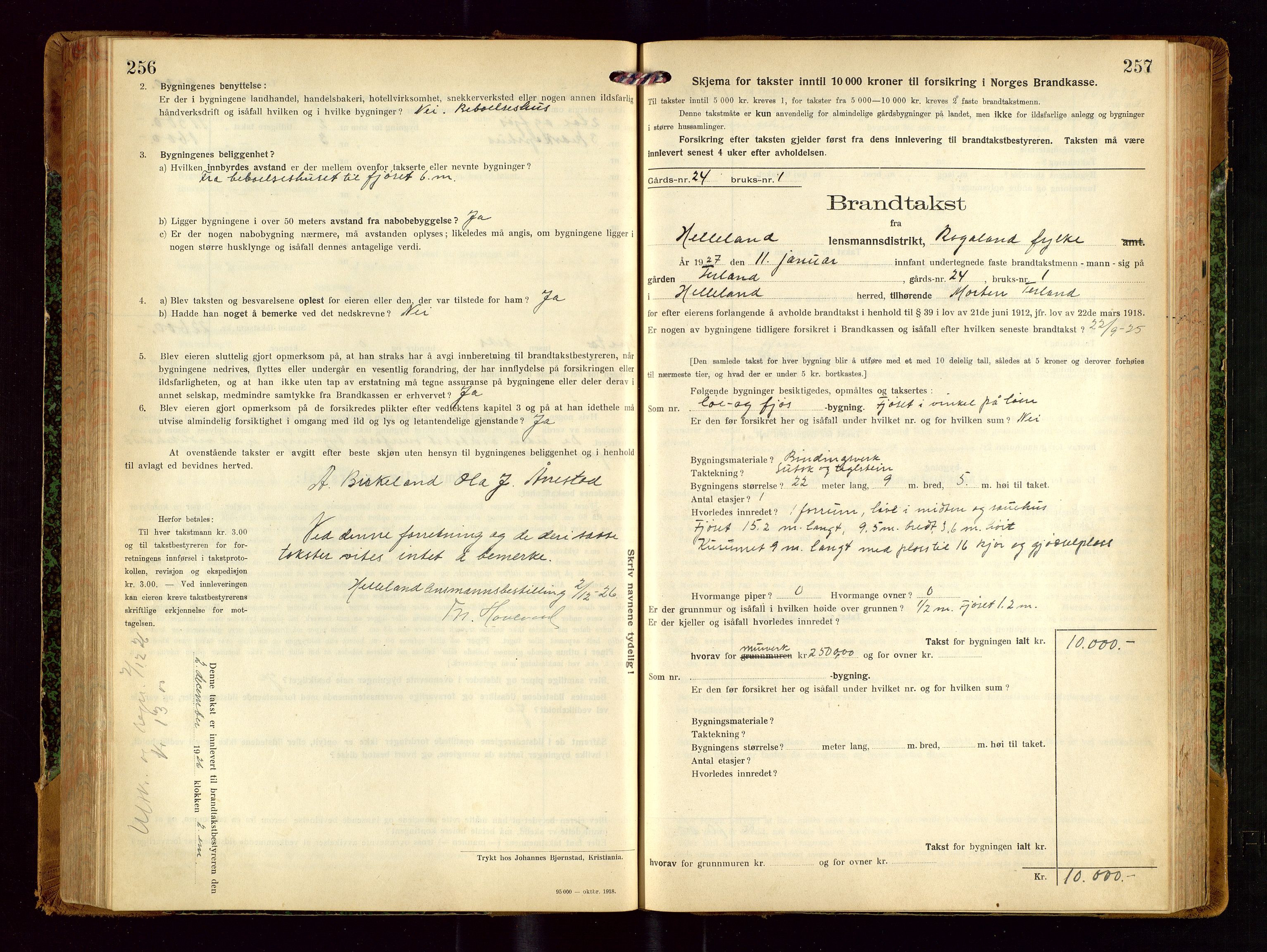 Helleland lensmannskontor, AV/SAST-A-100209/Gob/L0002: "Brandtakstprotokoll", 1921-1930, p. 256-257