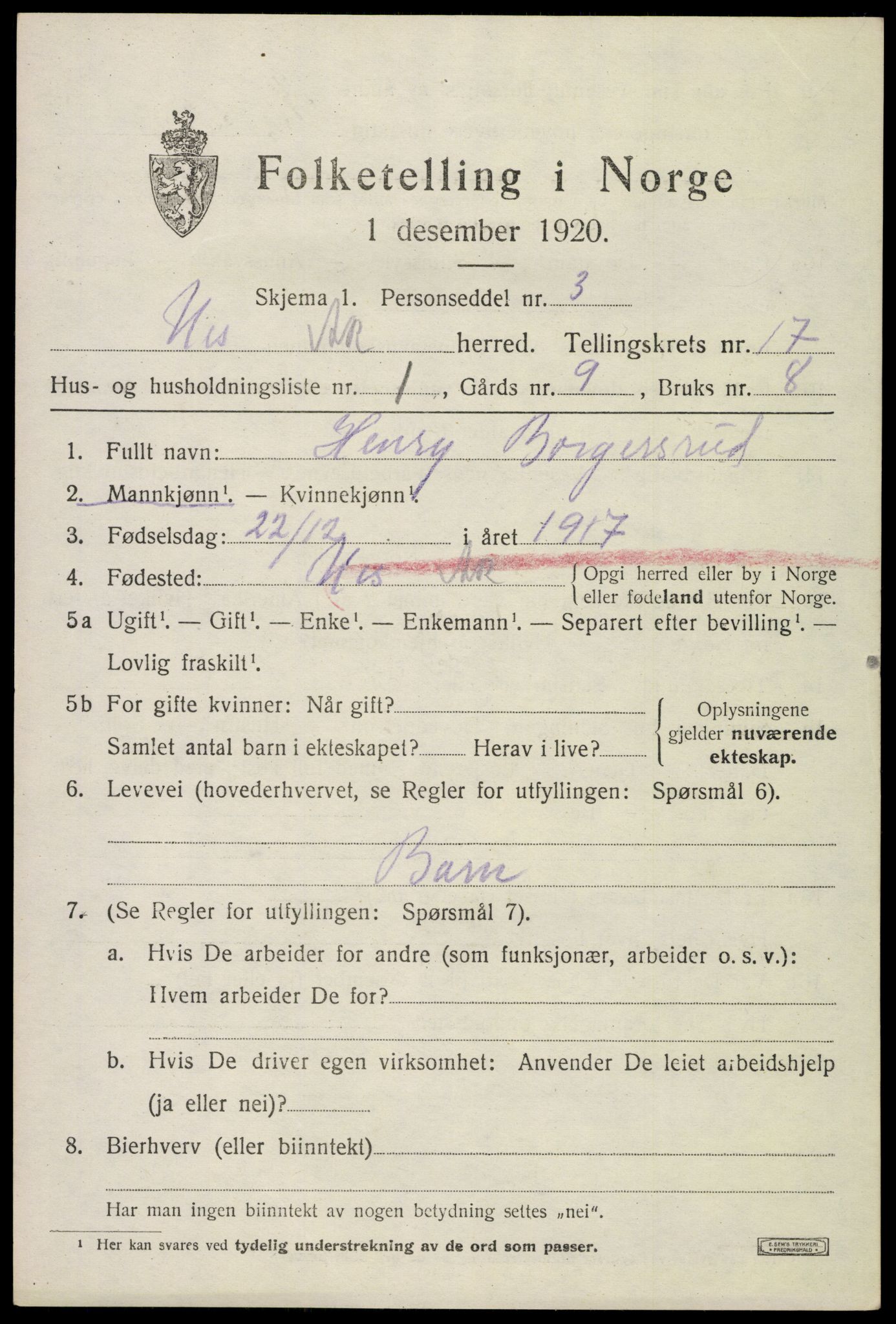 SAO, 1920 census for Nes, 1920, p. 16444