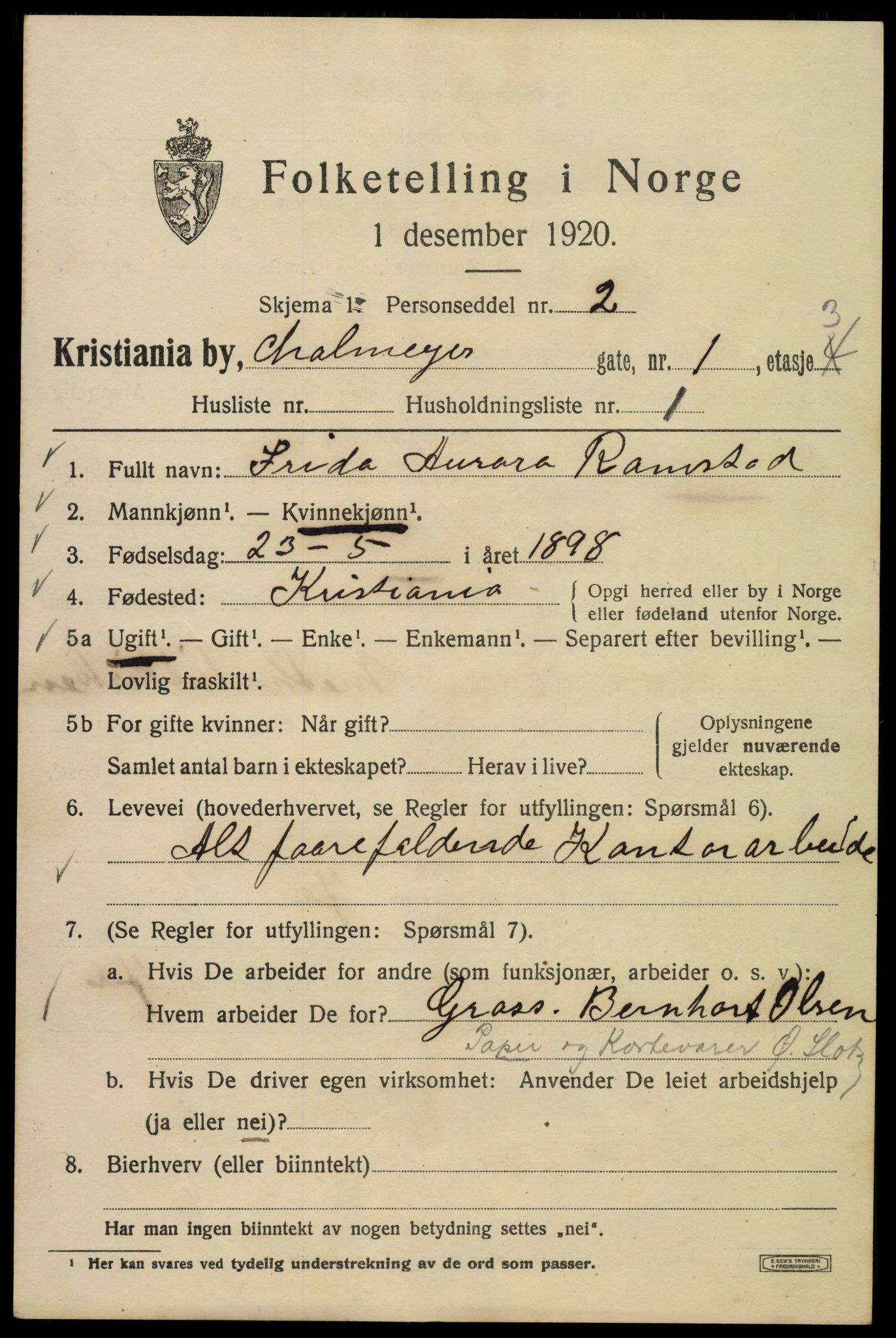 SAO, 1920 census for Kristiania, 1920, p. 181637