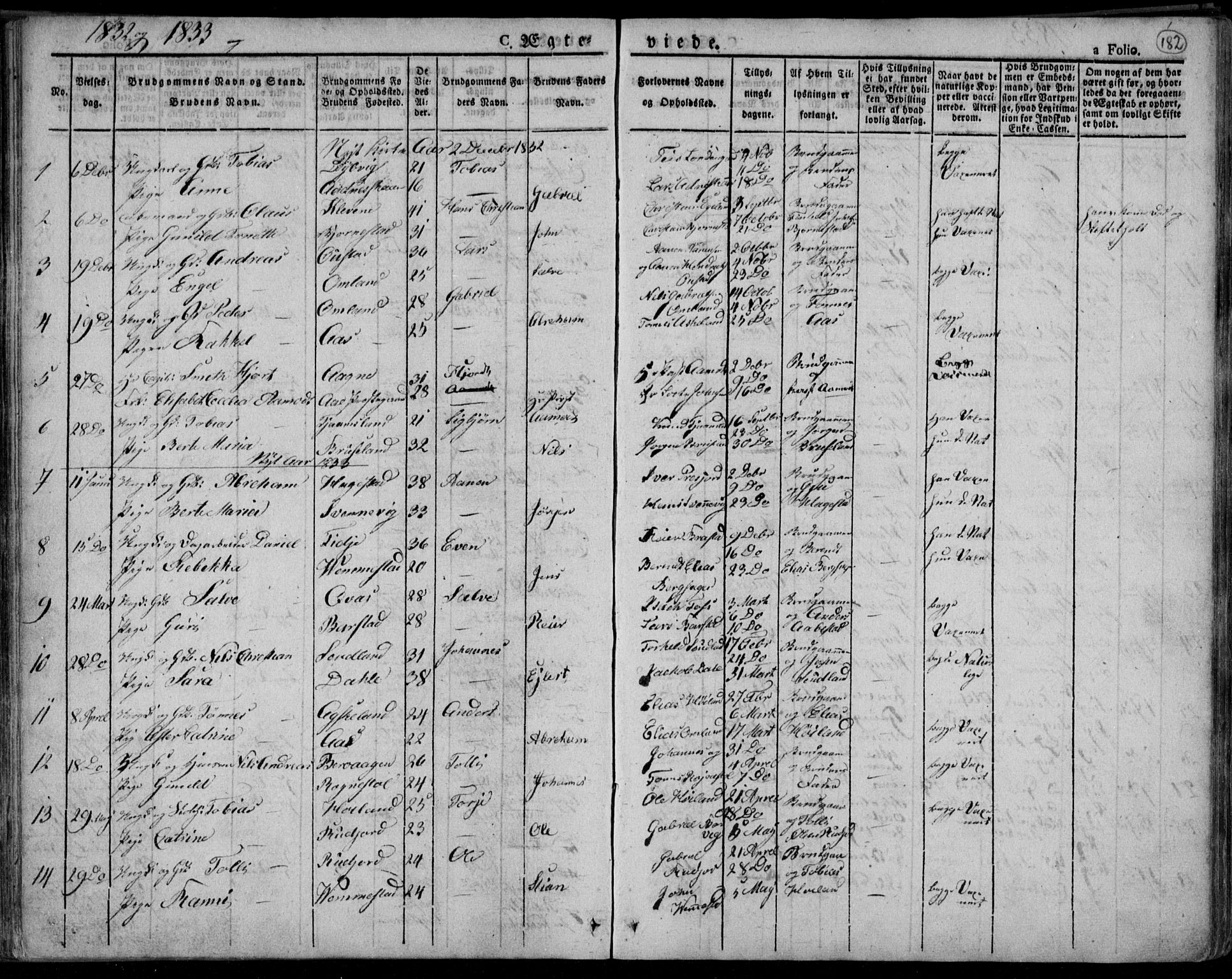 Lyngdal sokneprestkontor, AV/SAK-1111-0029/F/Fa/Fac/L0007: Parish register (official) no. A 7, 1825-1838, p. 182