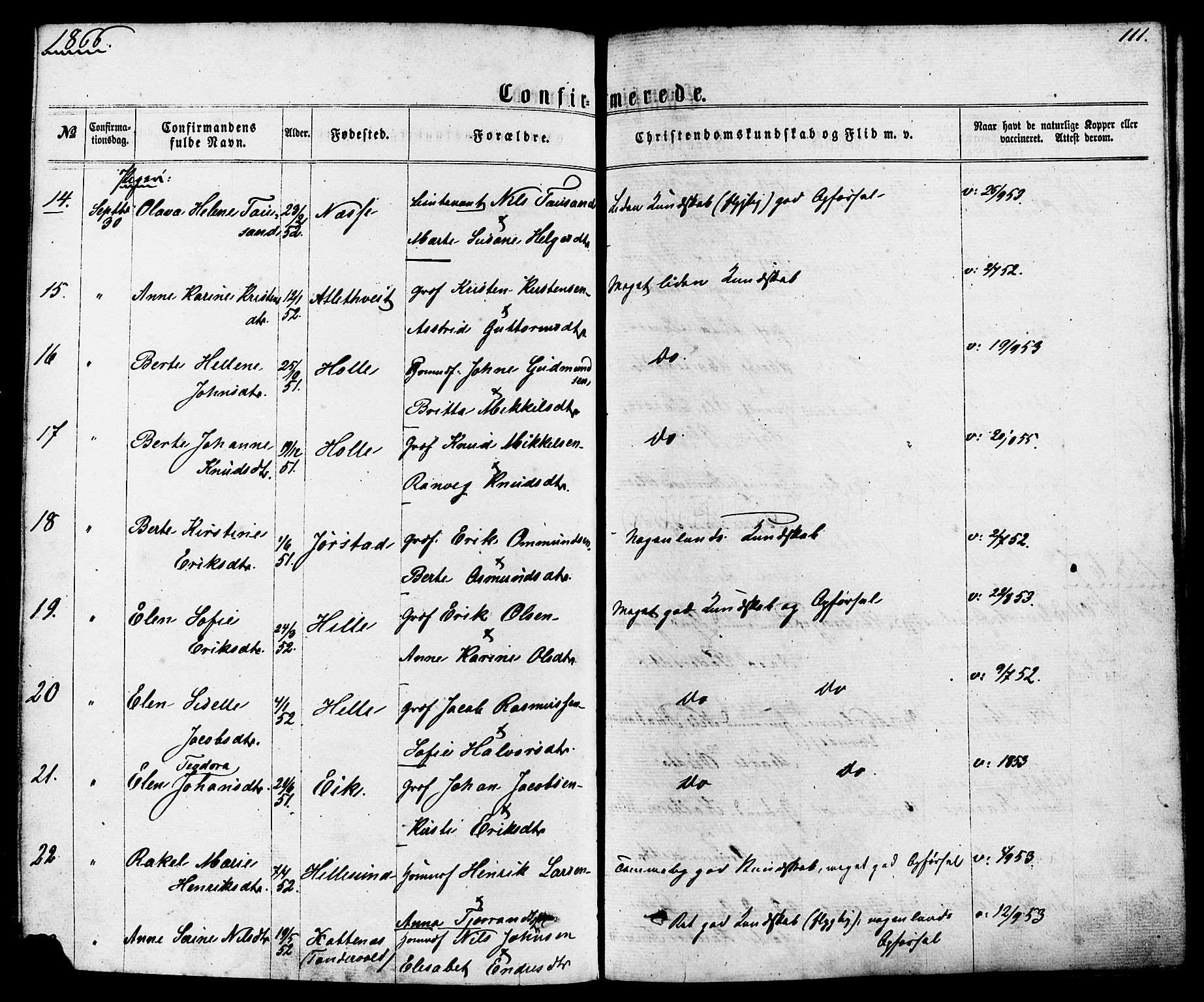 Nedstrand sokneprestkontor, AV/SAST-A-101841/01/IV: Parish register (official) no. A 10, 1861-1887, p. 111