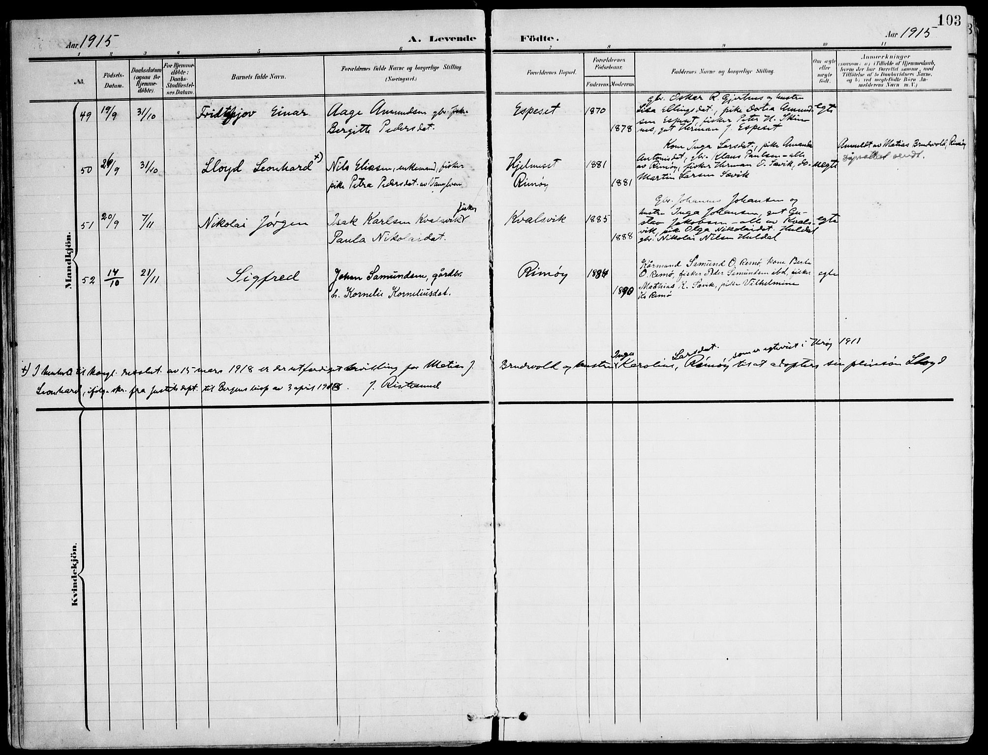 Ministerialprotokoller, klokkerbøker og fødselsregistre - Møre og Romsdal, SAT/A-1454/507/L0075: Parish register (official) no. 507A10, 1901-1920, p. 103