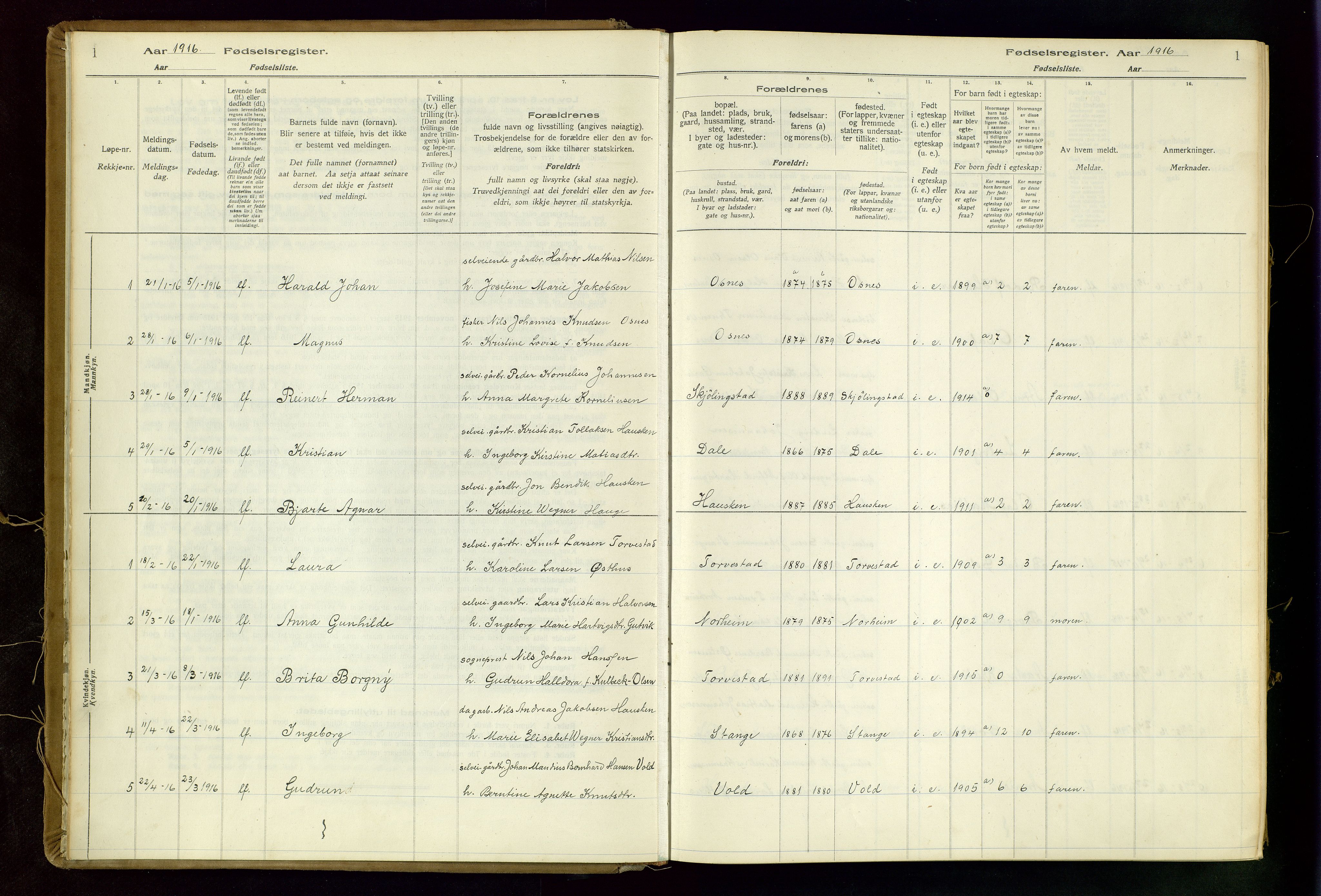 Torvastad sokneprestkontor, SAST/A -101857/I/Id/L0002: Birth register no. 2, 1916-1950, p. 1