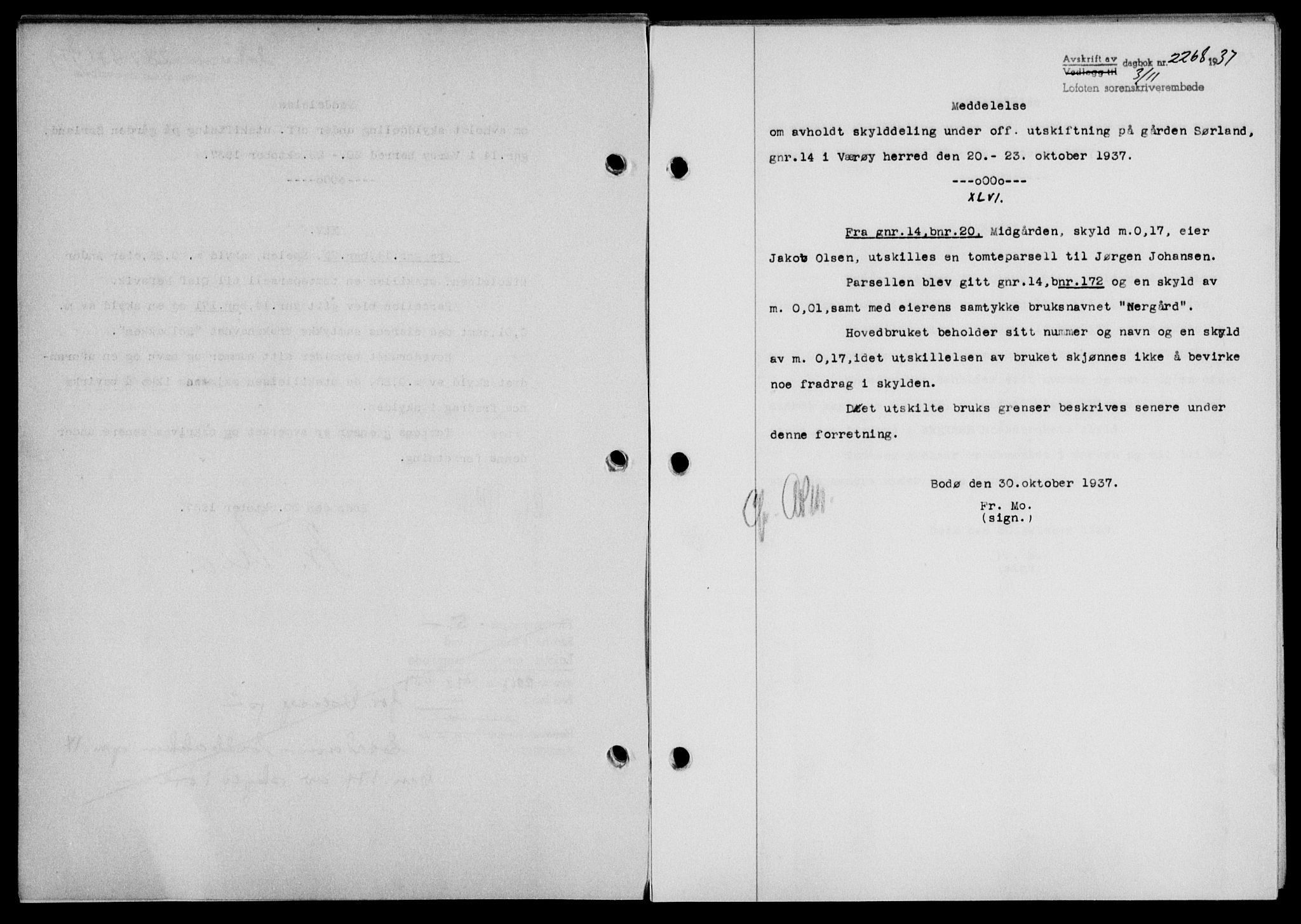 Lofoten sorenskriveri, SAT/A-0017/1/2/2C/L0003a: Mortgage book no. 3a, 1937-1938, Diary no: : 2268/1937