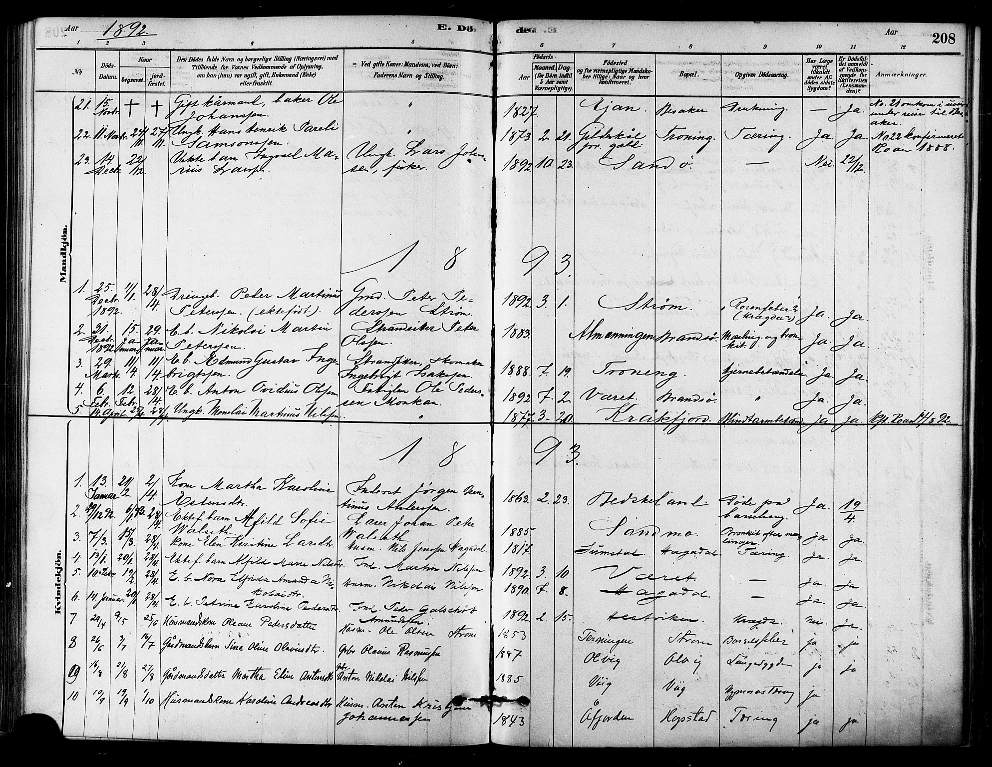 Ministerialprotokoller, klokkerbøker og fødselsregistre - Sør-Trøndelag, AV/SAT-A-1456/657/L0707: Parish register (official) no. 657A08, 1879-1893, p. 208