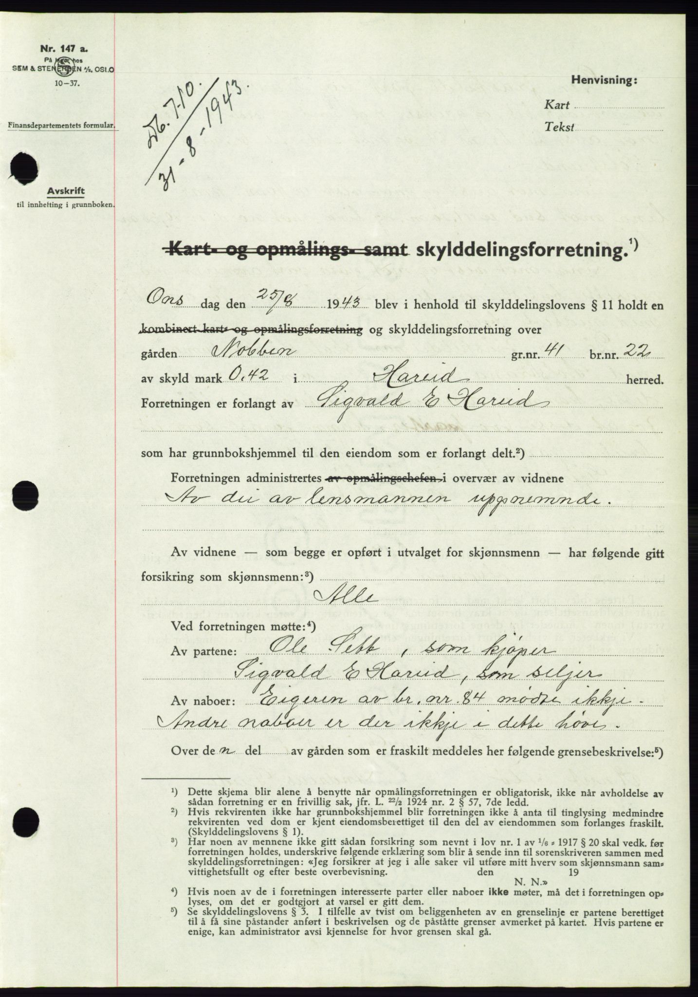 Søre Sunnmøre sorenskriveri, AV/SAT-A-4122/1/2/2C/L0075: Mortgage book no. 1A, 1943-1943, Diary no: : 710/1943