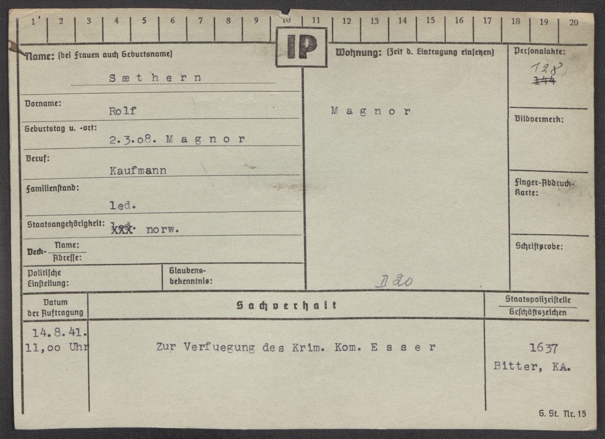 Befehlshaber der Sicherheitspolizei und des SD, AV/RA-RAFA-5969/E/Ea/Eaa/L0009: Register over norske fanger i Møllergata 19: Ru-Sy, 1940-1945, p. 1684