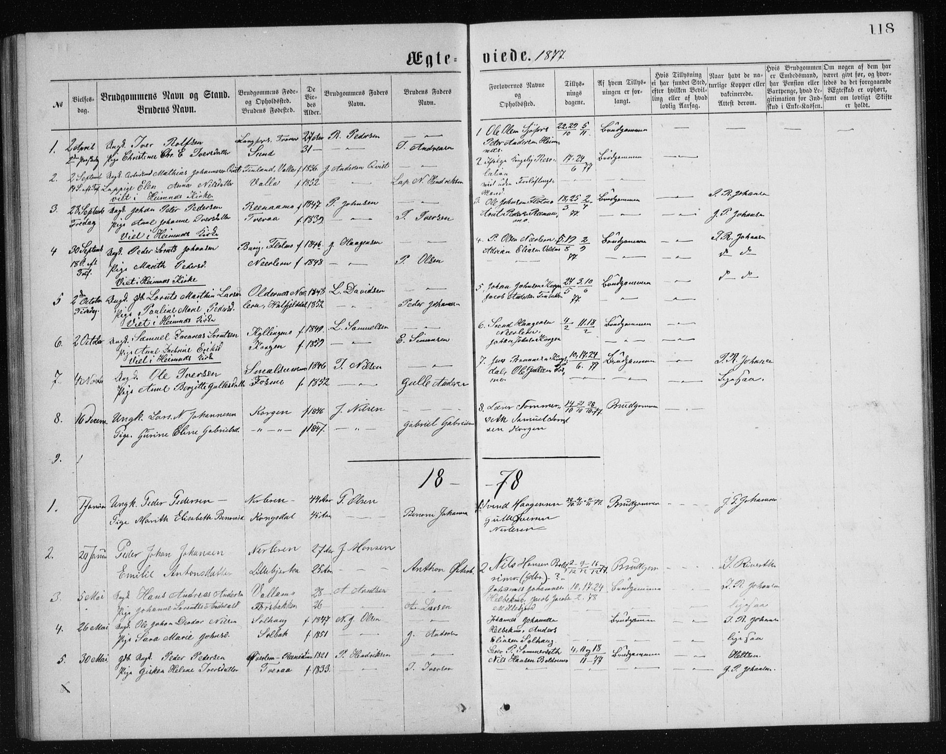 Ministerialprotokoller, klokkerbøker og fødselsregistre - Nordland, AV/SAT-A-1459/826/L0381: Parish register (copy) no. 826C01, 1877-1886, p. 118