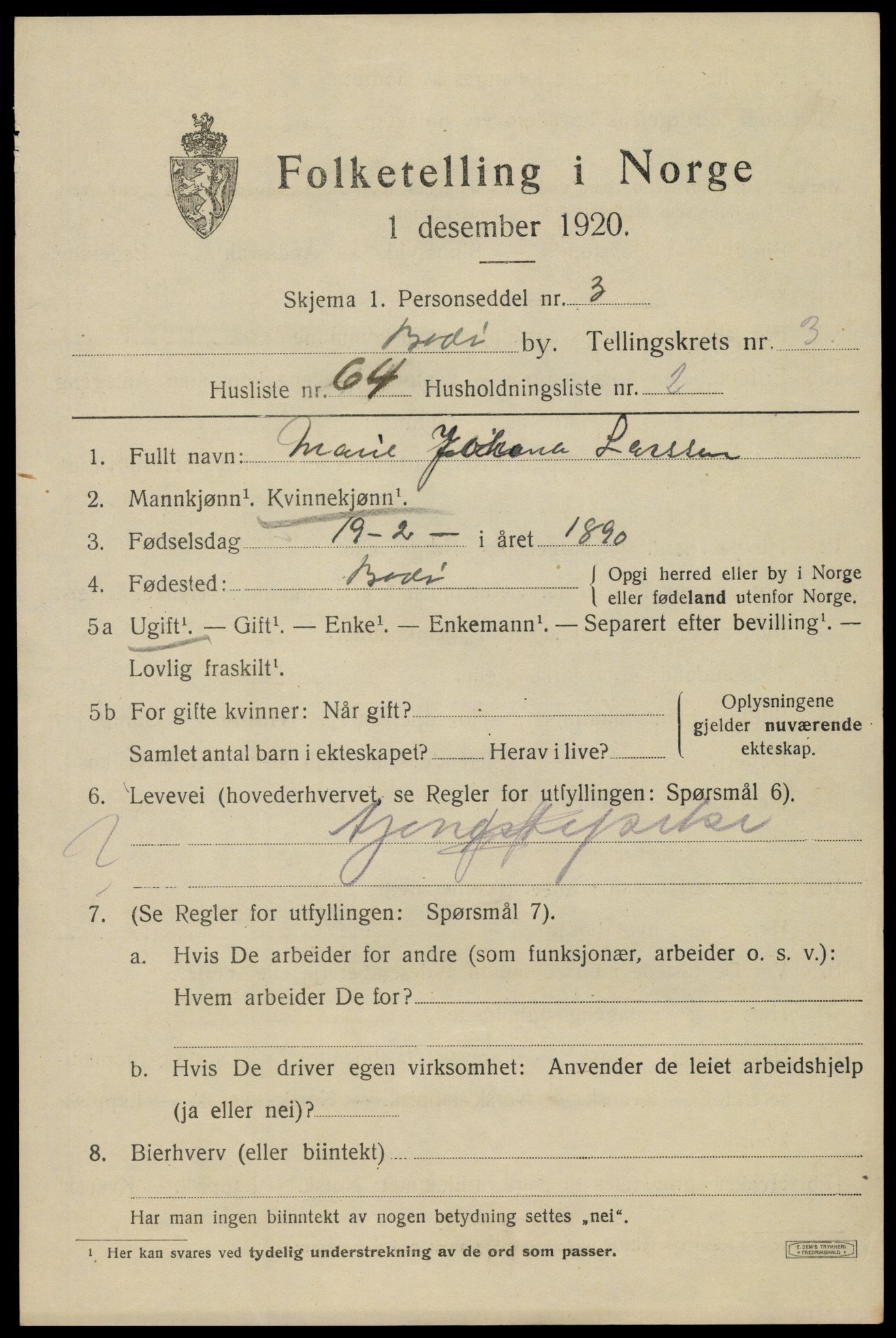 SAT, 1920 census for Bodø, 1920, p. 6987