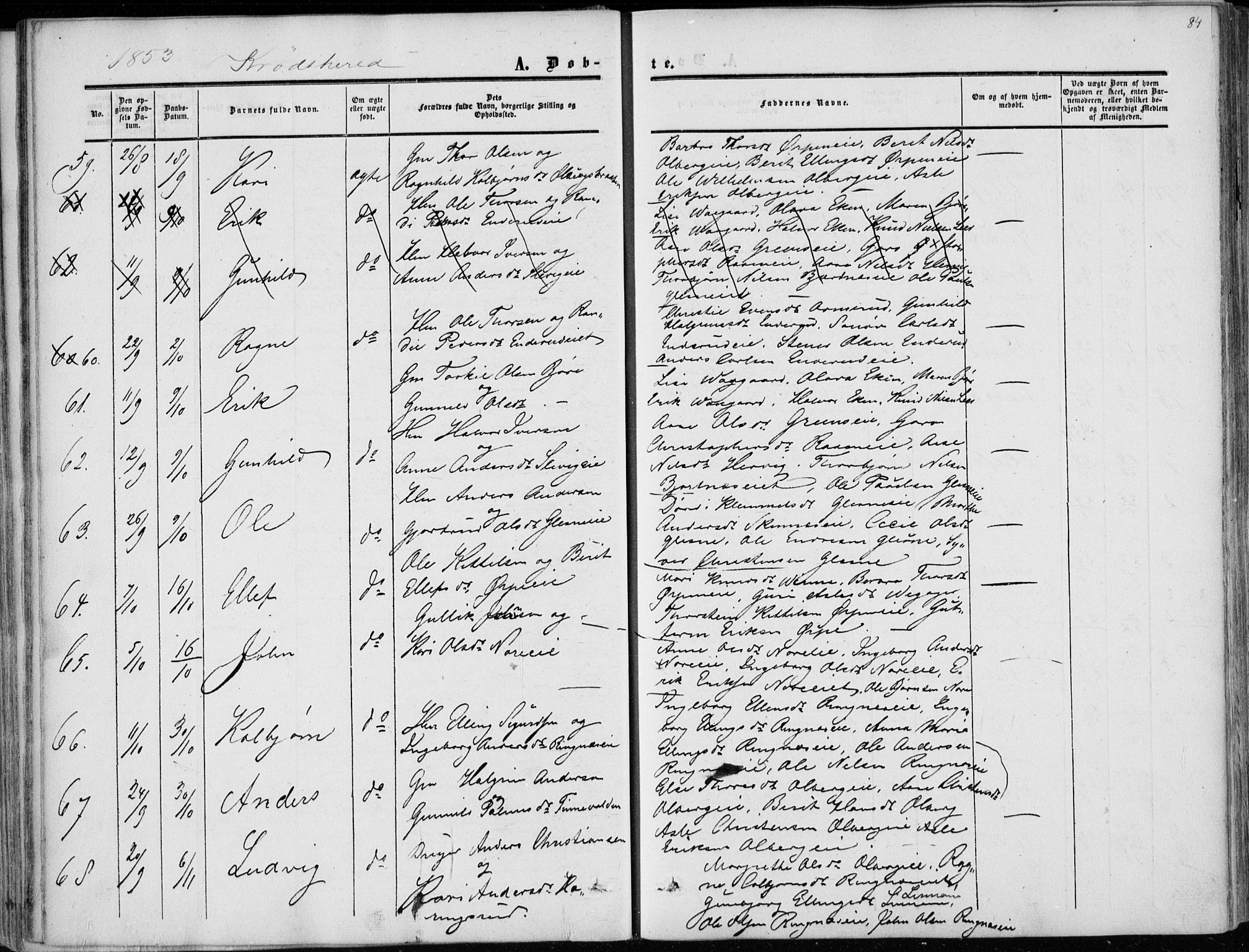 Sigdal kirkebøker, AV/SAKO-A-245/F/Fa/L0008: Parish register (official) no. I 8, 1850-1859, p. 84