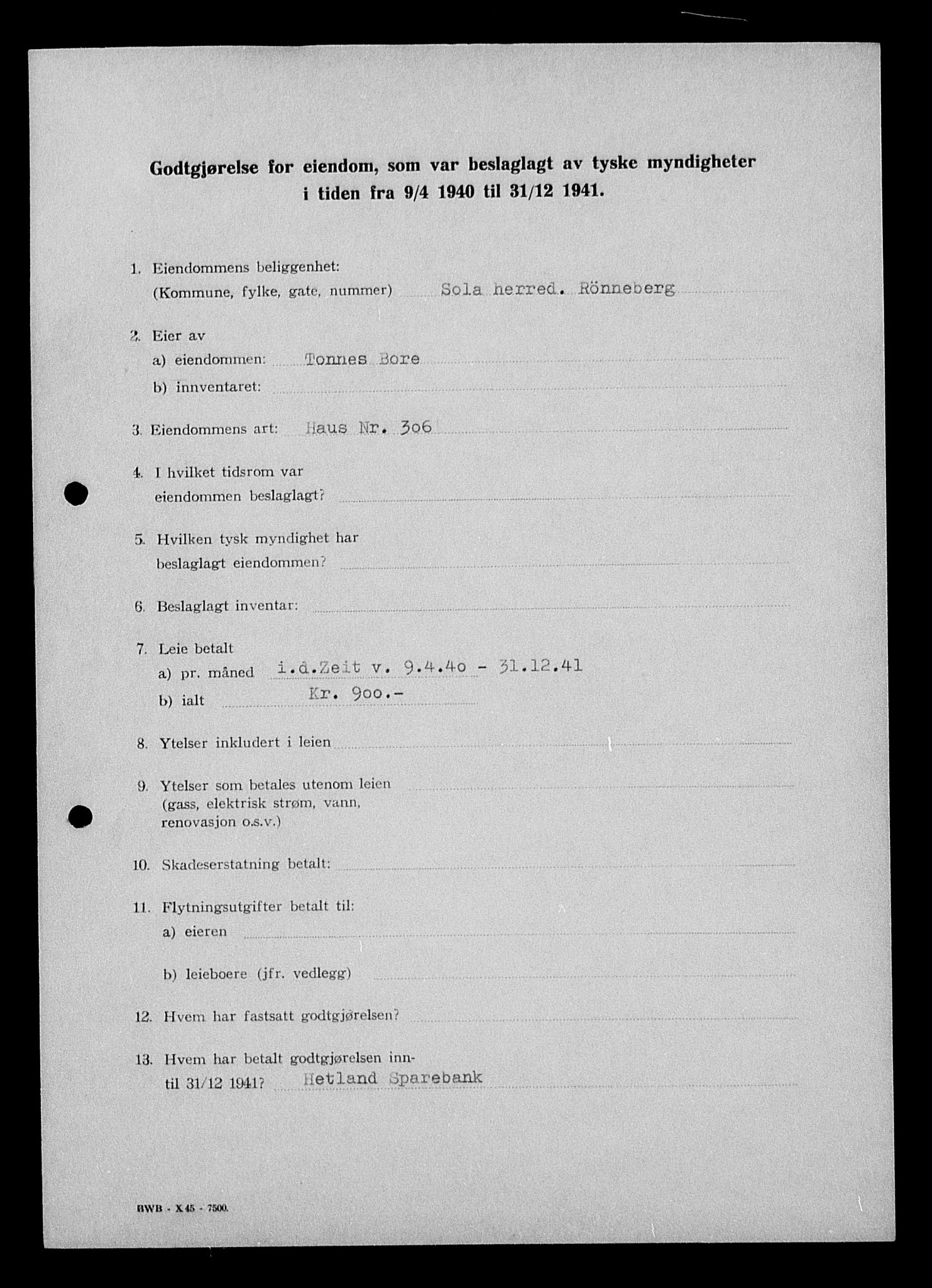 Justisdepartementet, Tilbakeføringskontoret for inndratte formuer, AV/RA-S-1564/I/L1014: Godtgjørelse for beslaglagt eiendom, 1940-1941, p. 201
