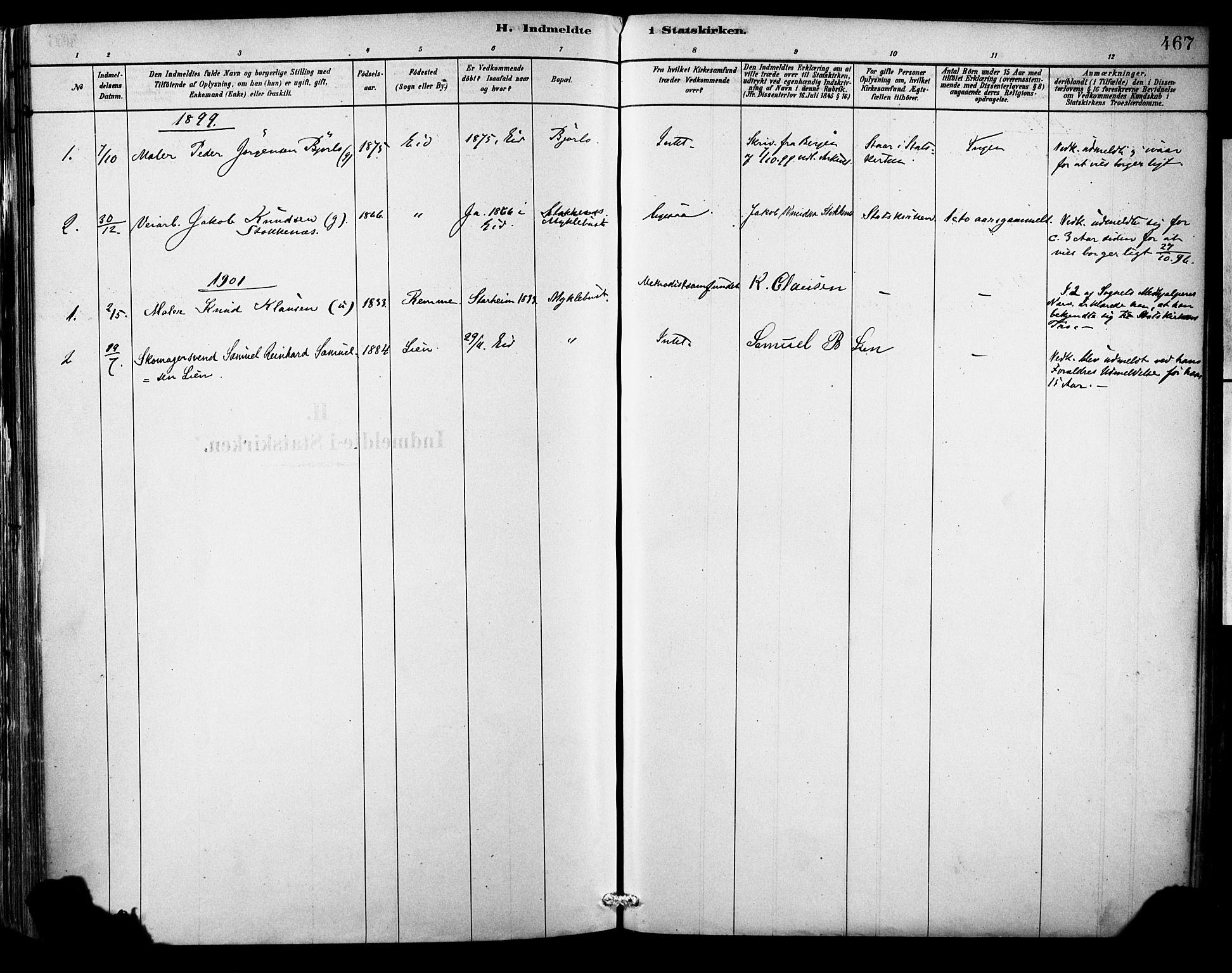 Eid sokneprestembete, SAB/A-82301/H/Haa/Haab/L0001: Parish register (official) no. B 1, 1879-1906, p. 467