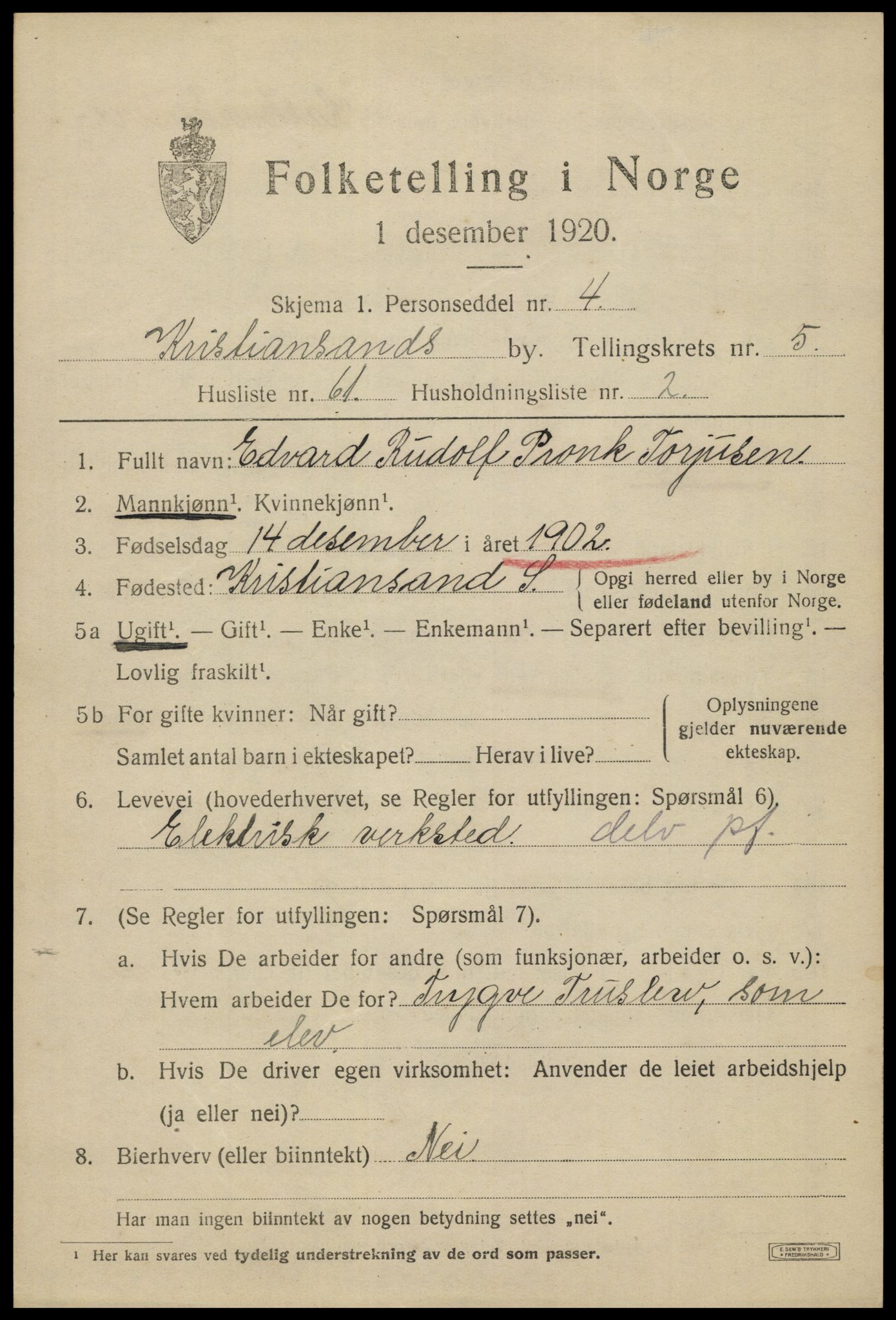 SAK, 1920 census for Kristiansand, 1920, p. 18199