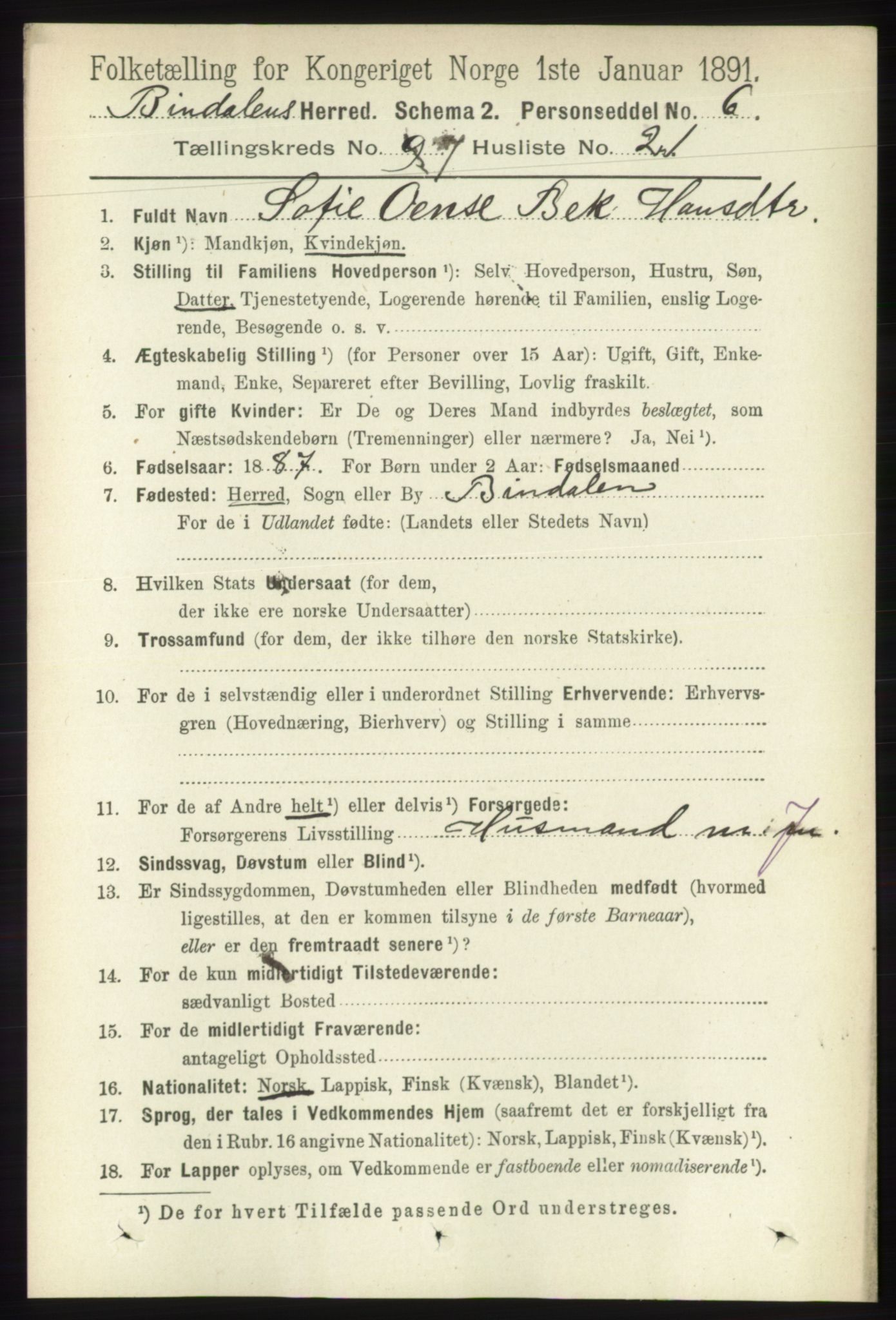 RA, 1891 census for 1811 Bindal, 1891, p. 2387