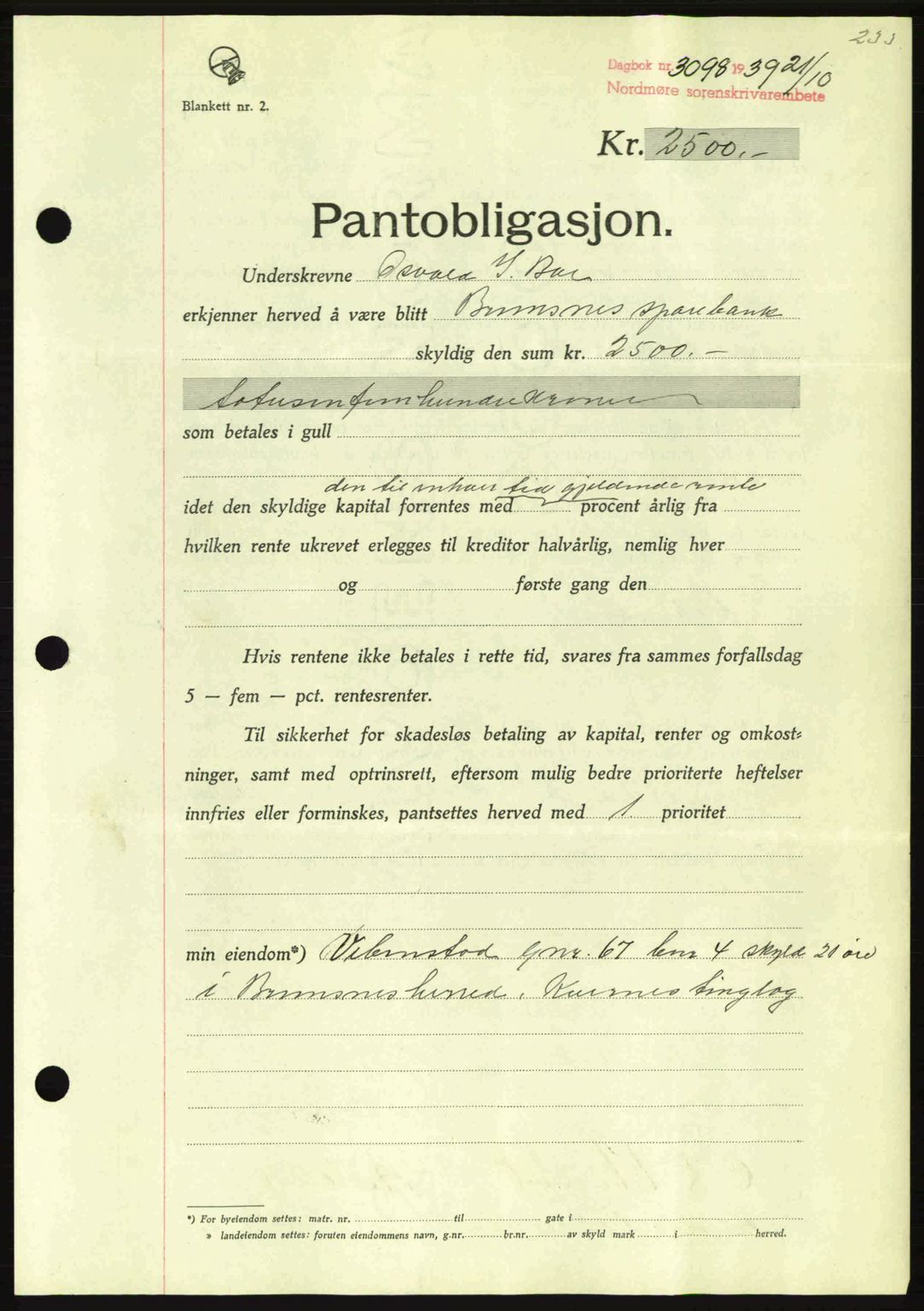 Nordmøre sorenskriveri, AV/SAT-A-4132/1/2/2Ca: Mortgage book no. B86, 1939-1940, Diary no: : 3098/1939