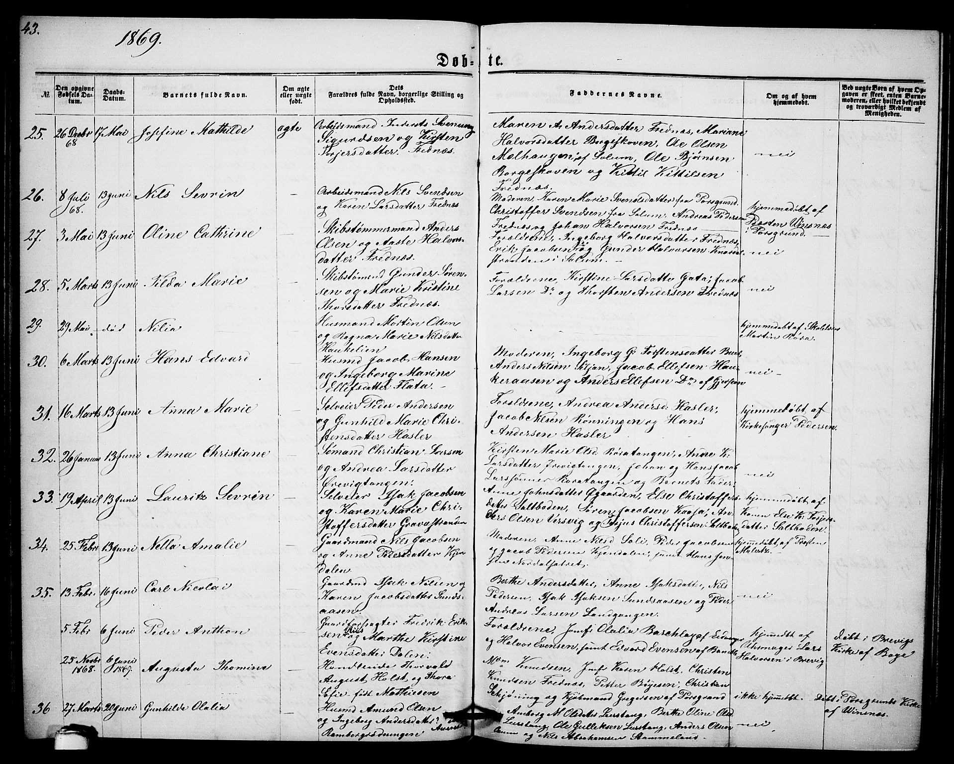 Eidanger kirkebøker, AV/SAKO-A-261/G/Ga/L0001: Parish register (copy) no. 1, 1863-1878, p. 43