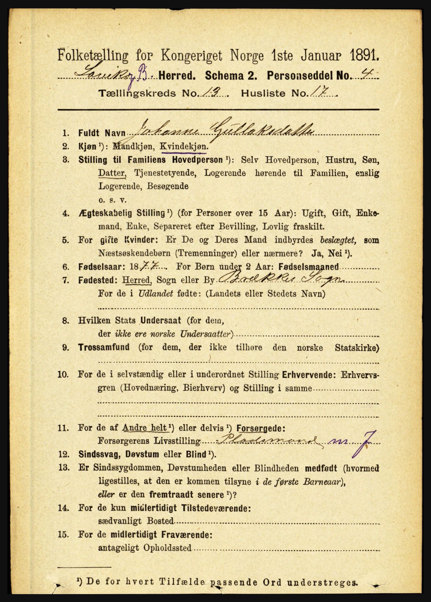 RA, 1891 census for 1415 Lavik og Brekke, 1891, p. 2625