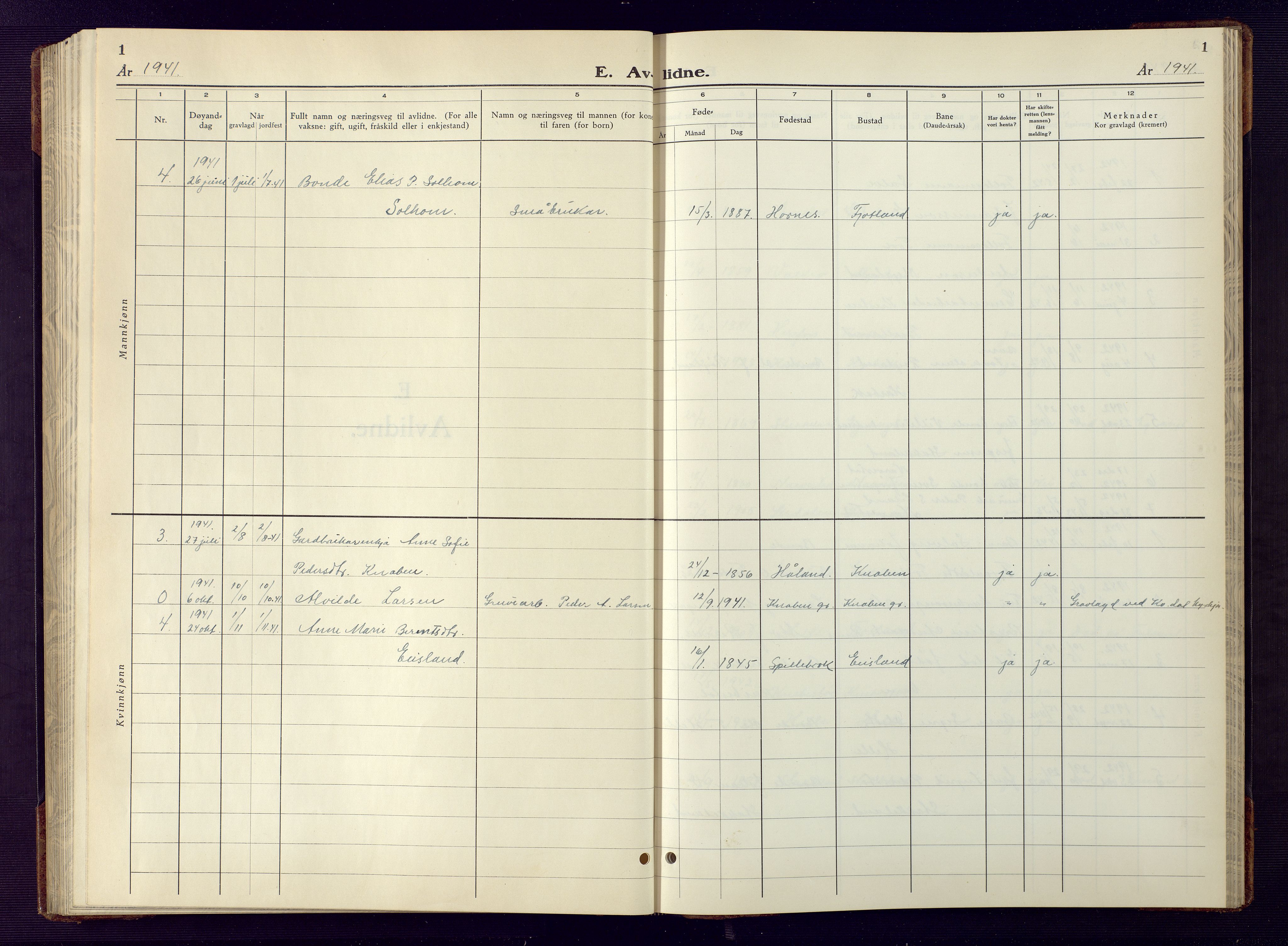 Fjotland sokneprestkontor, SAK/1111-0010/F/Fb/L0005: Parish register (copy) no. B 5, 1941-1949, p. 1