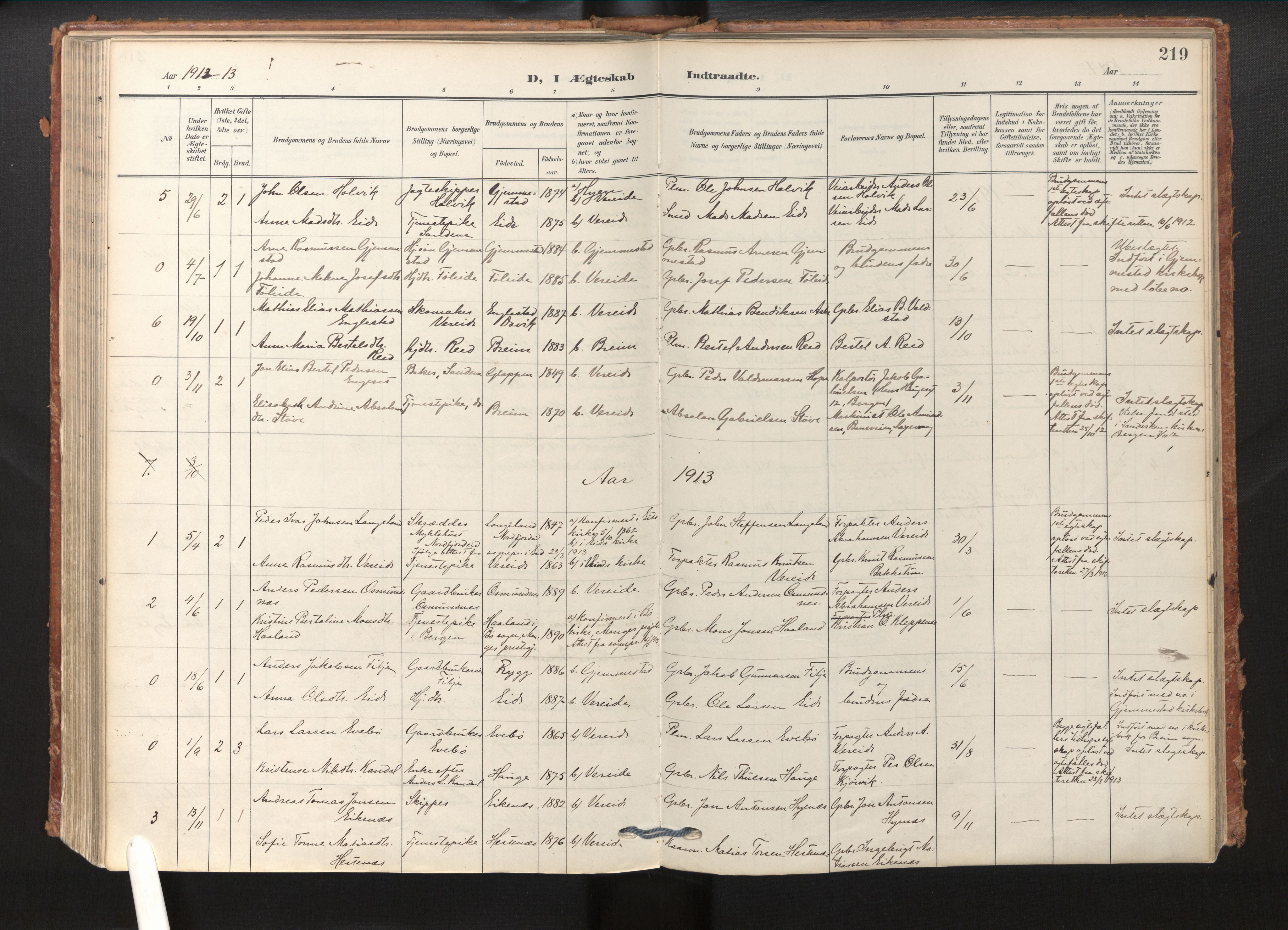 Gloppen sokneprestembete, SAB/A-80101/H/Haa/Haab/L0002: Parish register (official) no. B 2, 1906-1932, p. 218b-219a