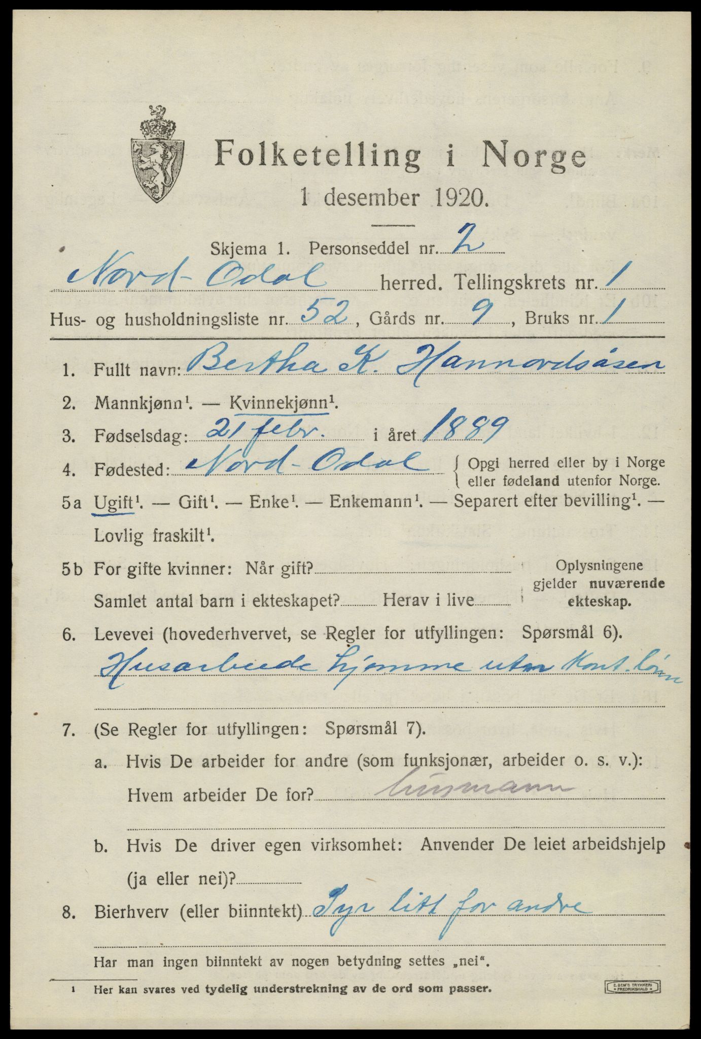 SAH, 1920 census for Nord-Odal, 1920, p. 2381