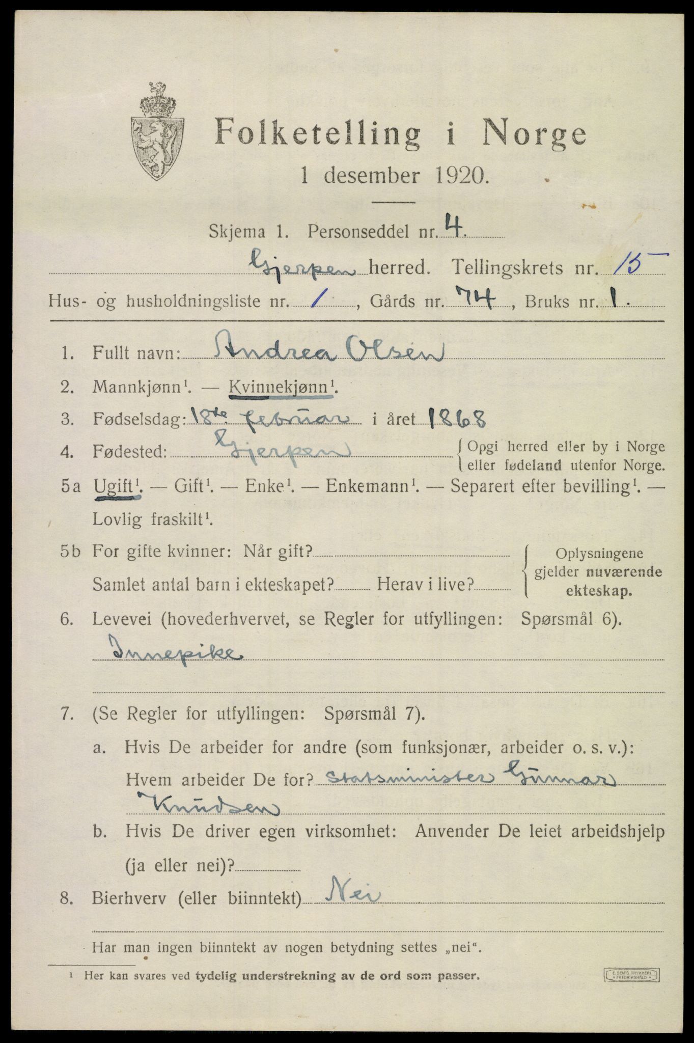 SAKO, 1920 census for Gjerpen, 1920, p. 17222