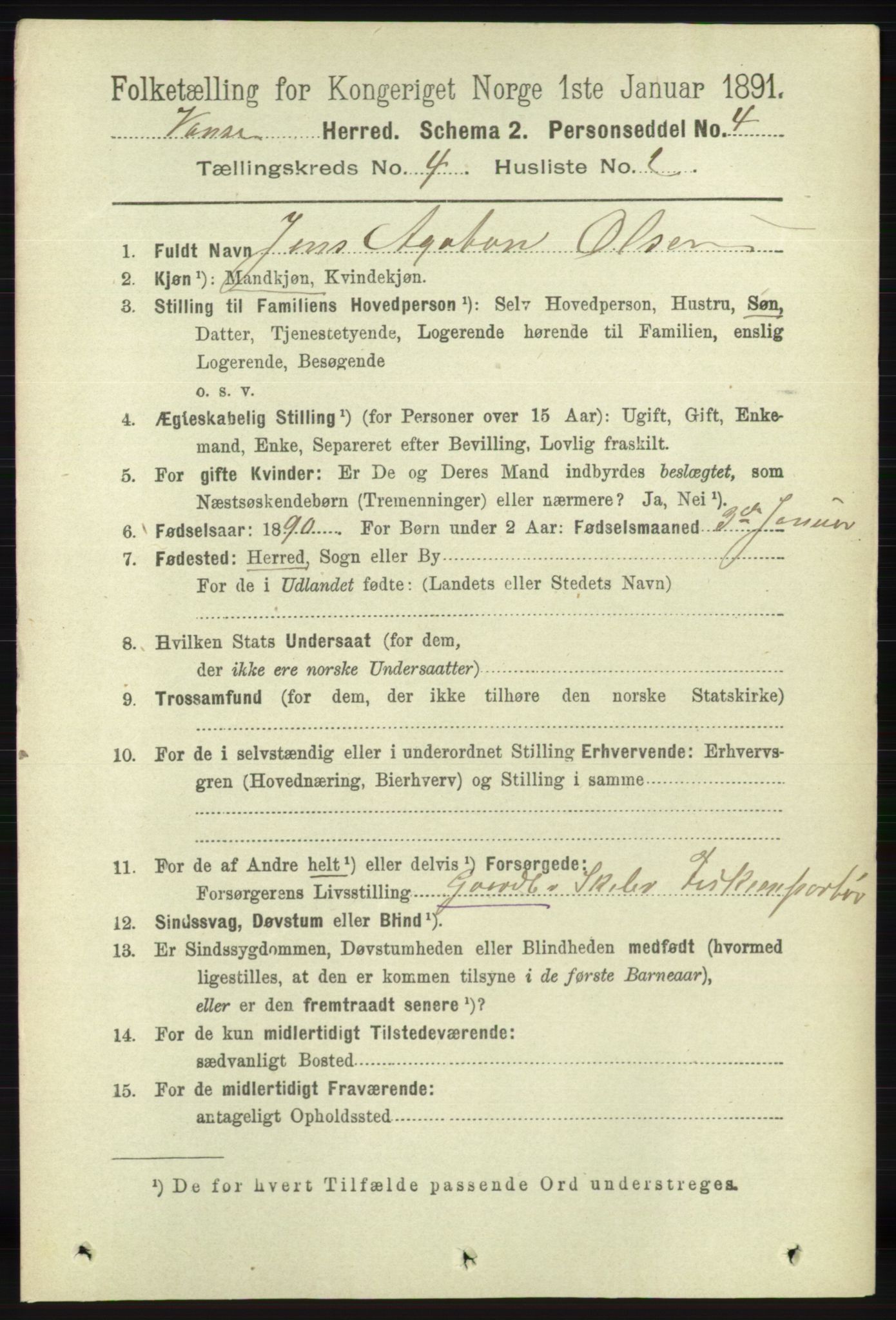 RA, 1891 census for 1041 Vanse, 1891, p. 2150