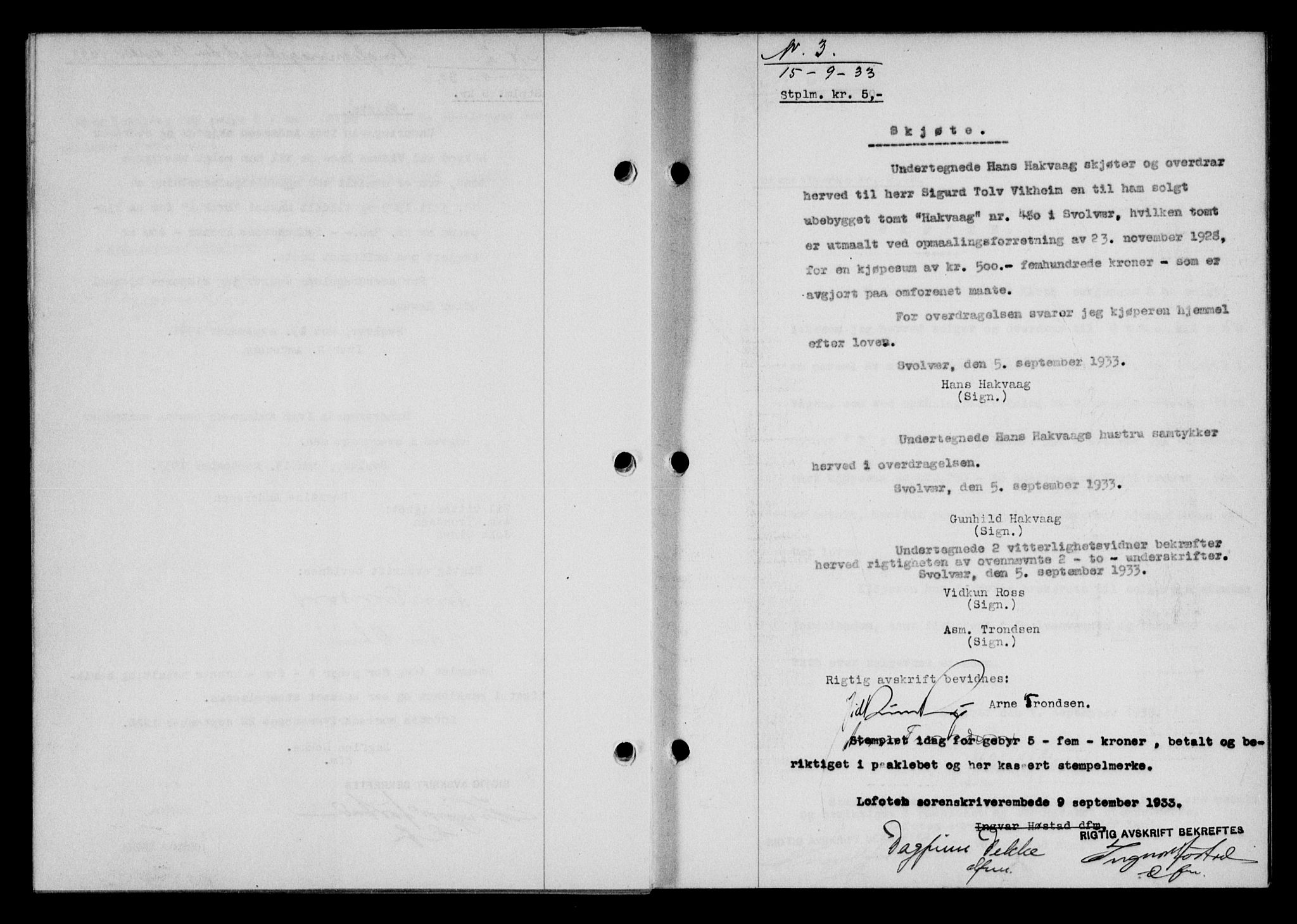 Lofoten sorenskriveri, SAT/A-0017/1/2/2C/L0028b: Mortgage book no. 28b, 1933-1933, Deed date: 15.09.1933