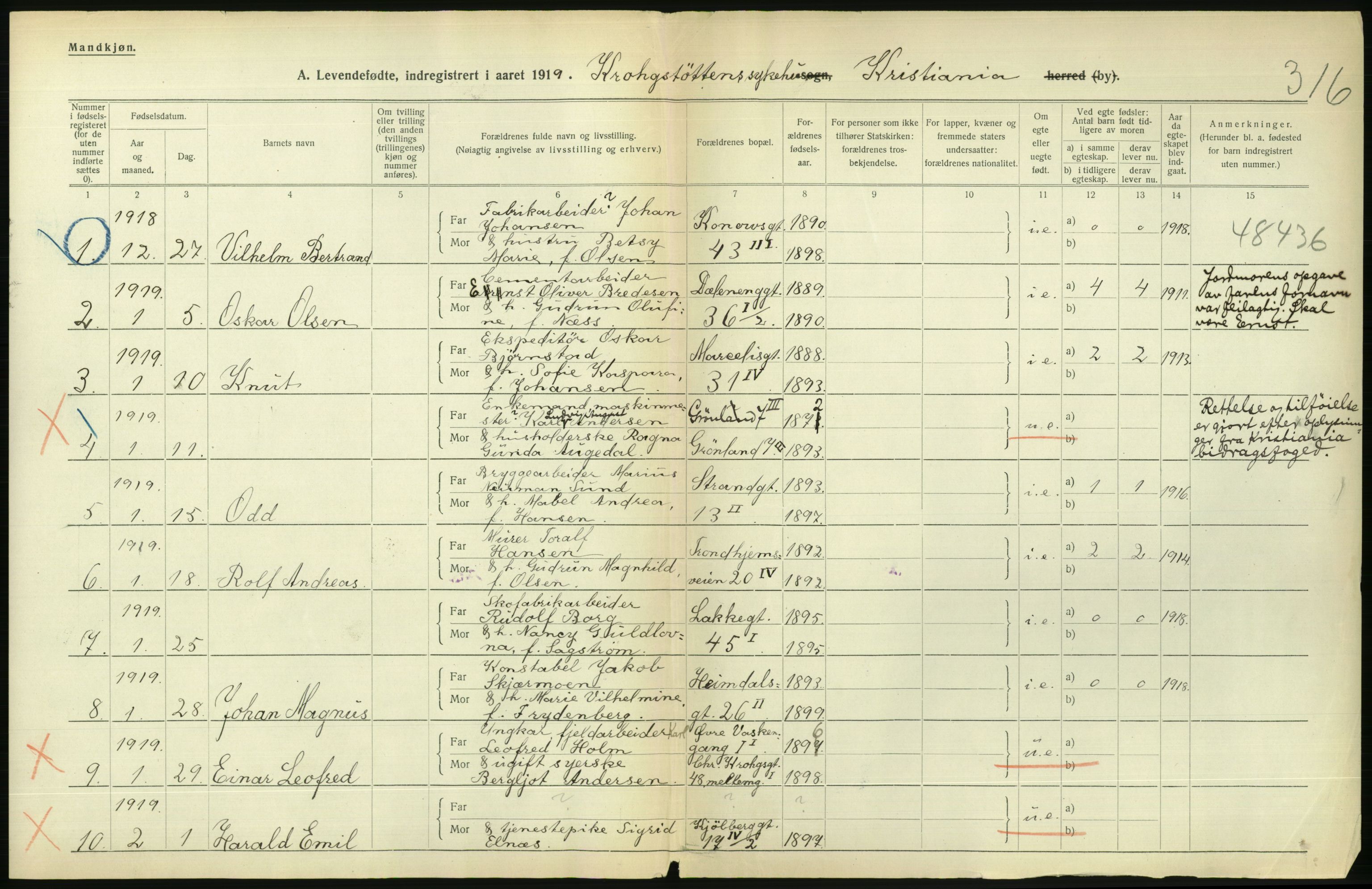 Statistisk sentralbyrå, Sosiodemografiske emner, Befolkning, AV/RA-S-2228/D/Df/Dfb/Dfbi/L0008: Kristiania: Levendefødte menn og kvinner., 1919