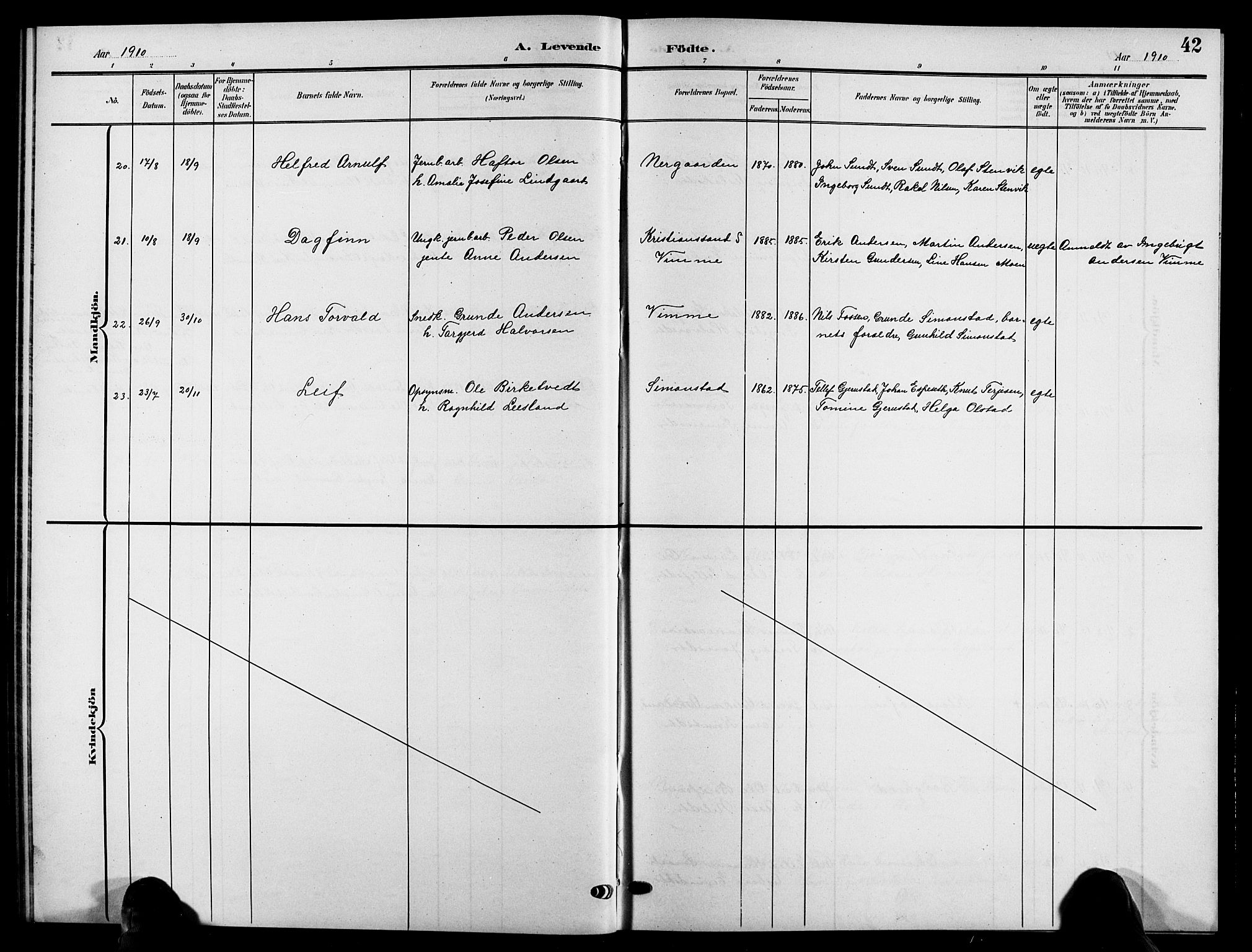 Åmli sokneprestkontor, AV/SAK-1111-0050/F/Fb/Fbc/L0005: Parish register (copy) no. B 5, 1903-1916, p. 42