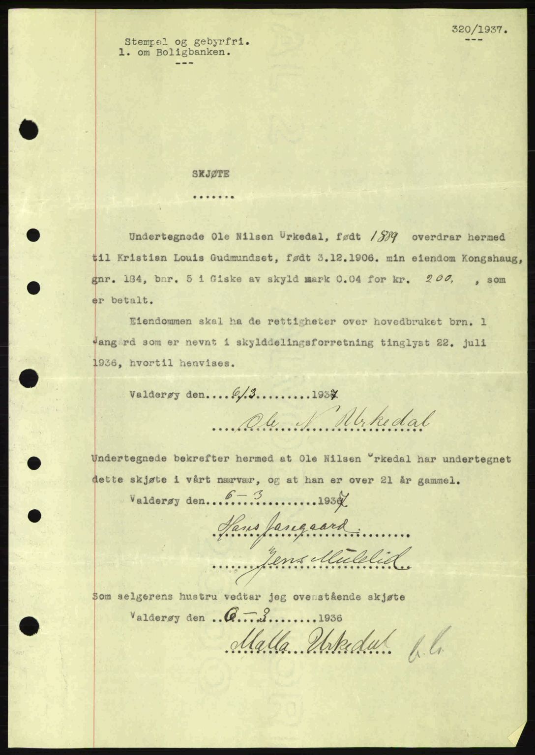 Nordre Sunnmøre sorenskriveri, AV/SAT-A-0006/1/2/2C/2Ca: Mortgage book no. A2, 1936-1937, Diary no: : 320/1937