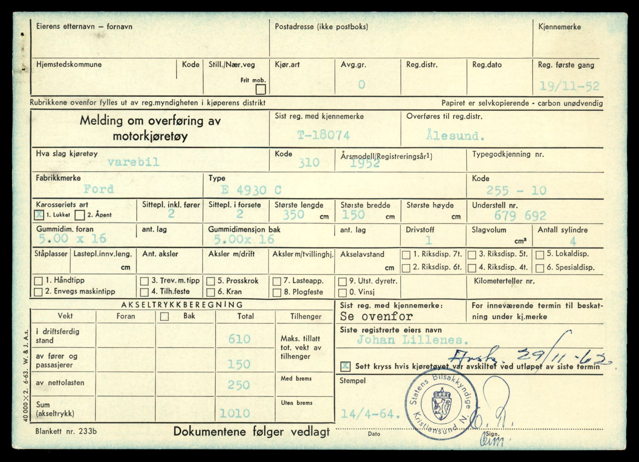 Møre og Romsdal vegkontor - Ålesund trafikkstasjon, AV/SAT-A-4099/F/Fe/L0049: Registreringskort for kjøretøy T 14864 - T 18613, 1927-1998, p. 3315