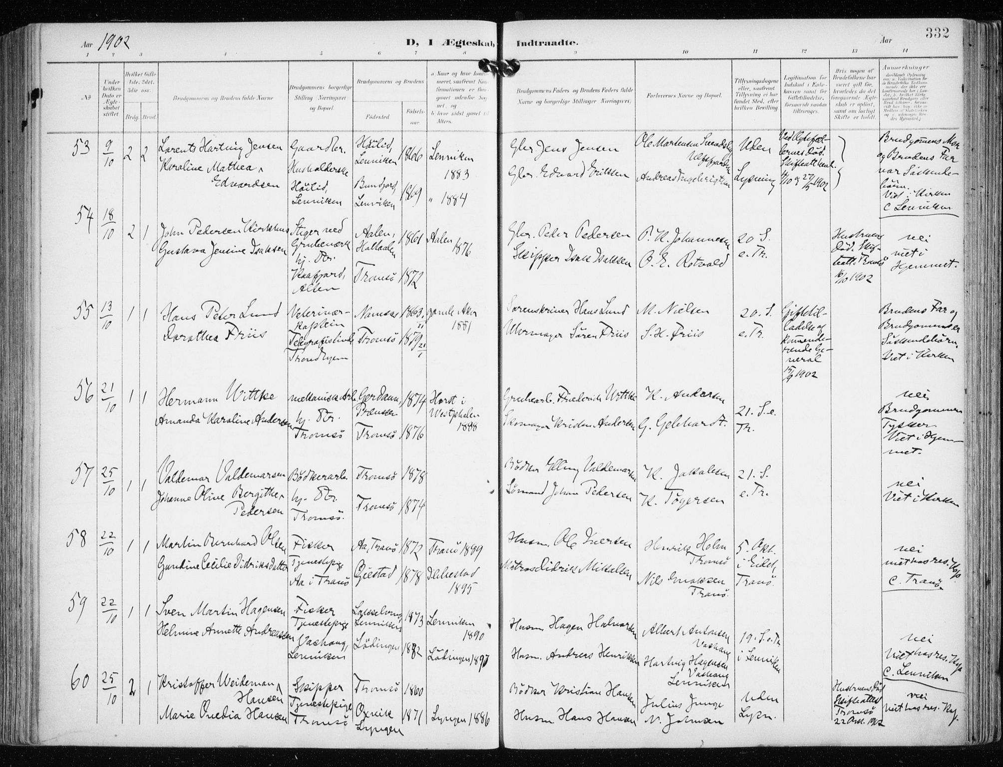 Tromsø sokneprestkontor/stiftsprosti/domprosti, AV/SATØ-S-1343/G/Ga/L0016kirke: Parish register (official) no. 16, 1899-1906, p. 332