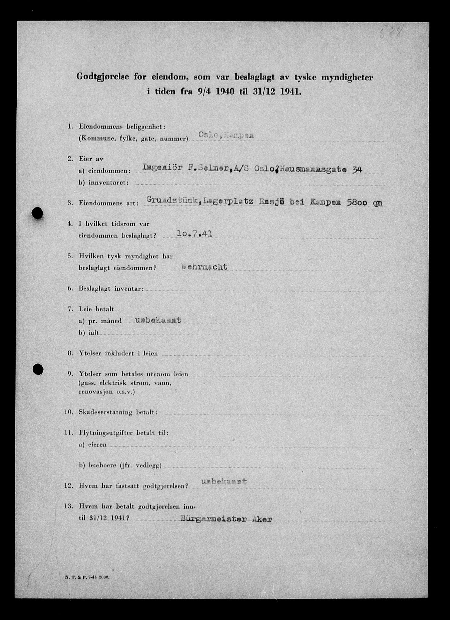 Justisdepartementet, Tilbakeføringskontoret for inndratte formuer, RA/S-1564/I/L1011: Godtgjørelse for beslaglagt eiendom, 1940-1941, p. 552