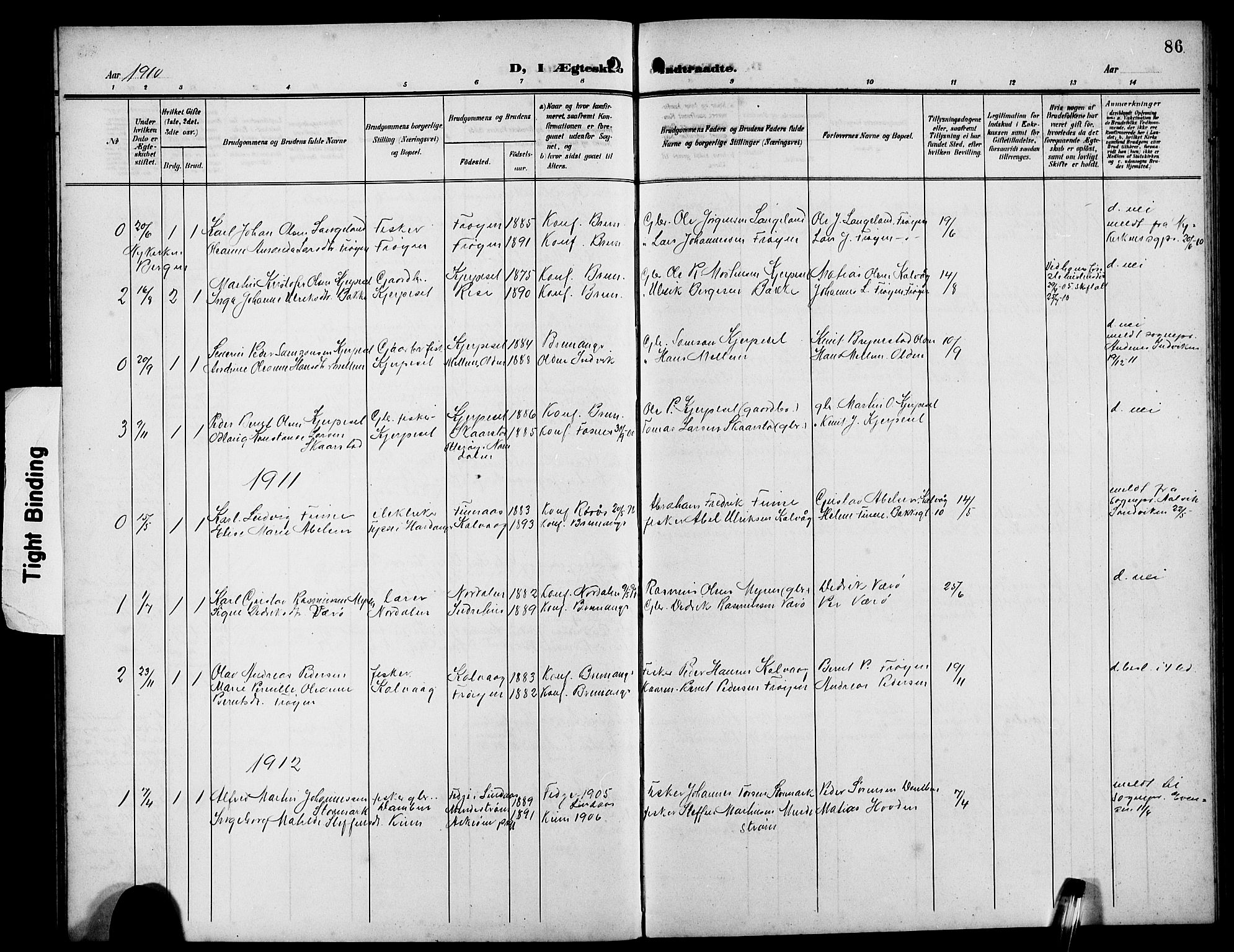 Bremanger sokneprestembete, SAB/A-82201/H/Hab/Habb/L0001: Parish register (copy) no. B 1, 1906-1925, p. 86