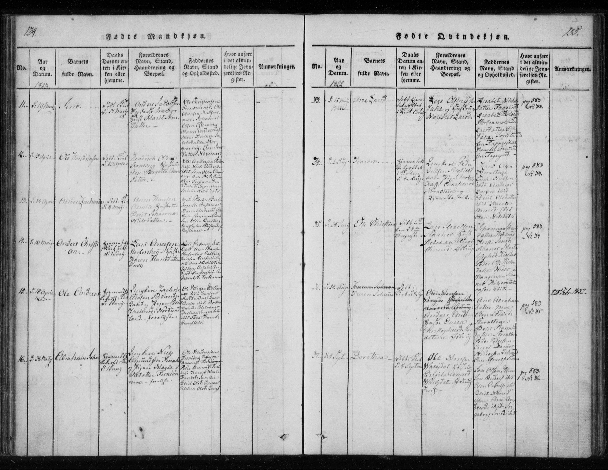 Ministerialprotokoller, klokkerbøker og fødselsregistre - Nordland, SAT/A-1459/825/L0353: Parish register (official) no. 825A07, 1820-1826, p. 134-135