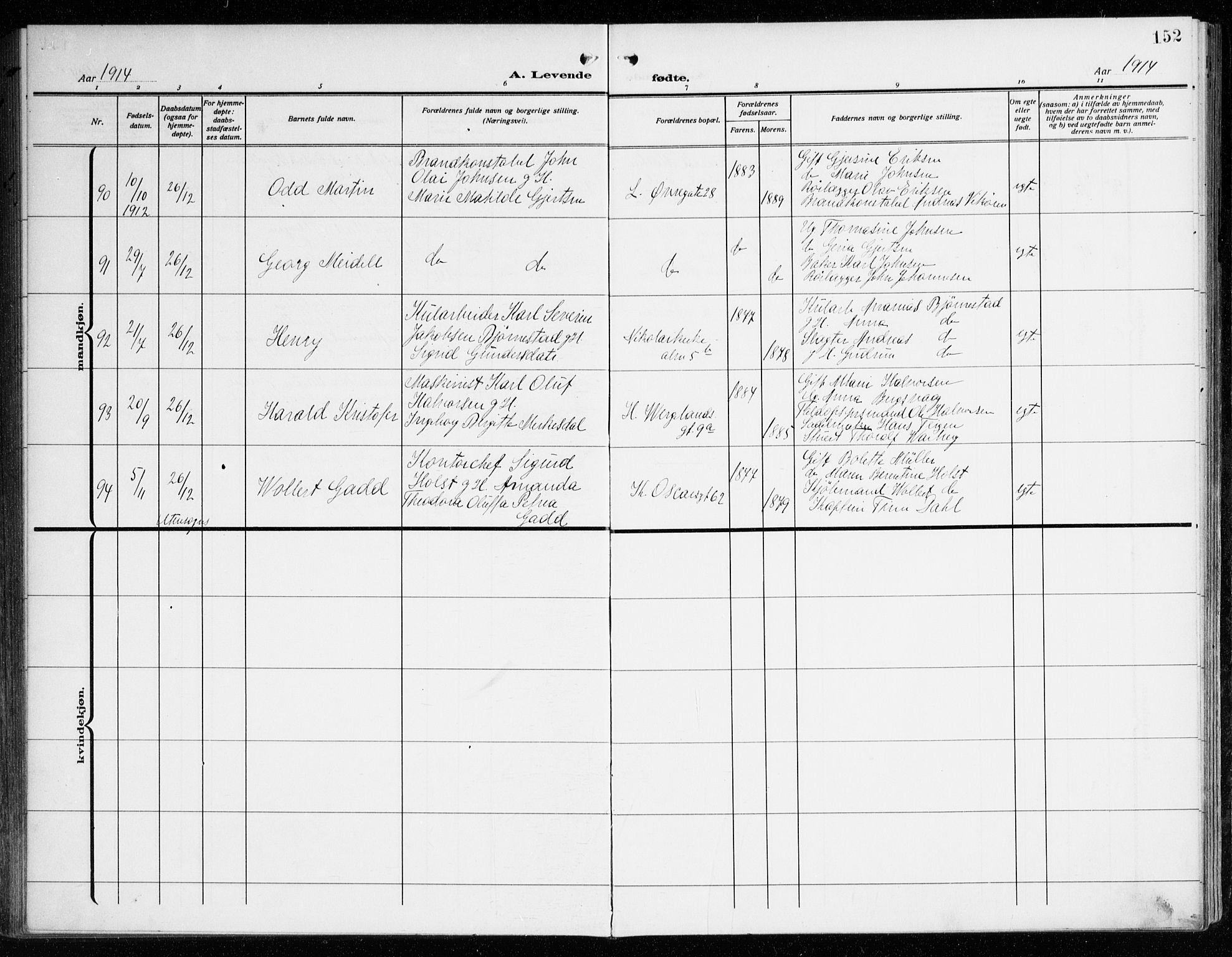 Korskirken sokneprestembete, AV/SAB-A-76101/H/Haa: Parish register (official) no. B 10, 1909-1923, p. 152