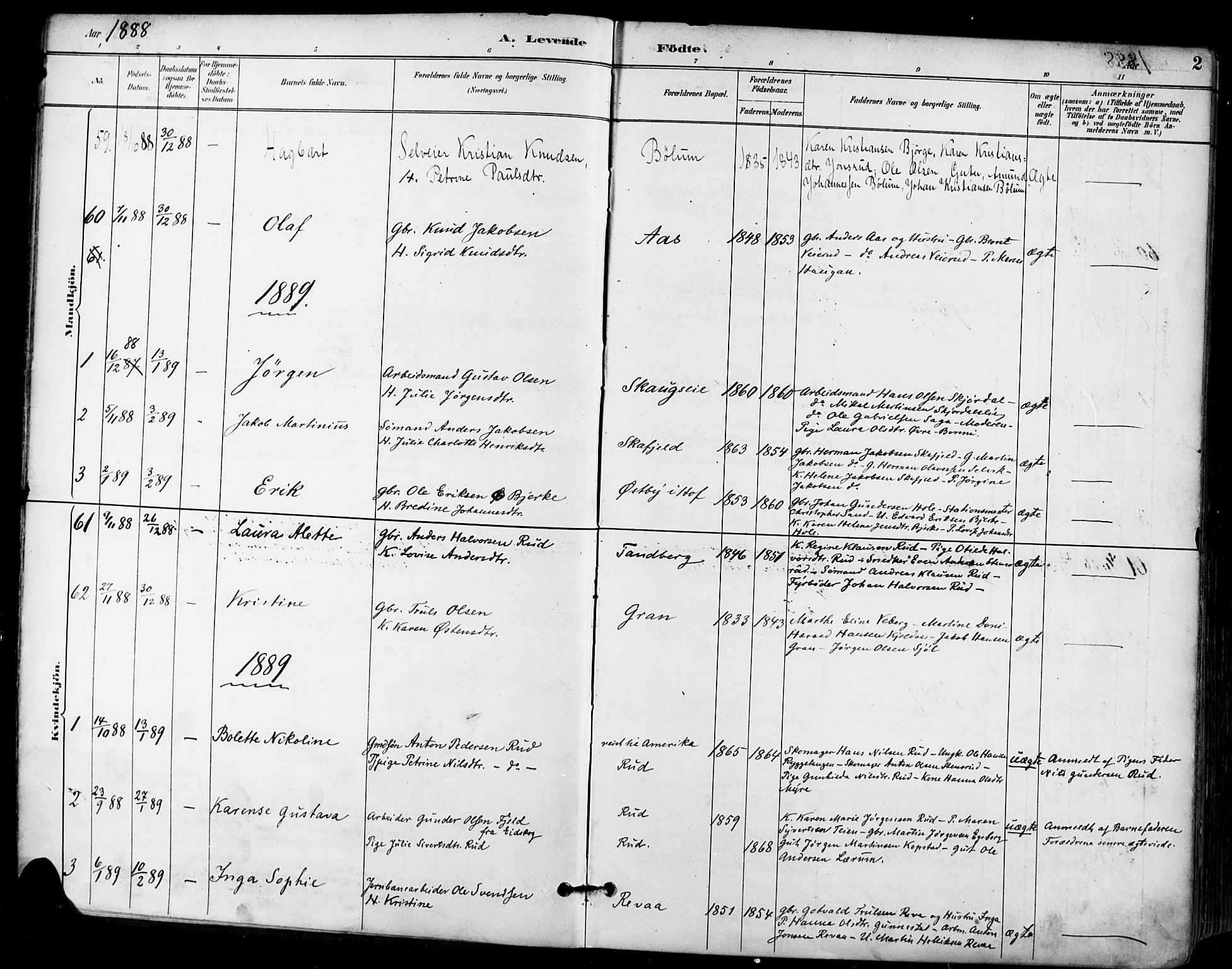 Sande Kirkebøker, AV/SAKO-A-53/F/Fa/L0007: Parish register (official) no. 7, 1888-1903, p. 2