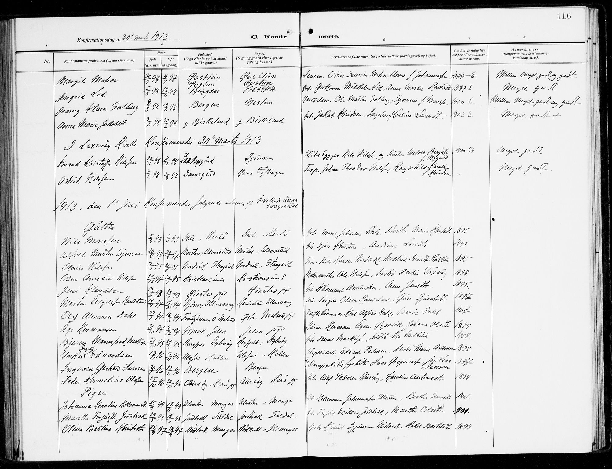 Fana Sokneprestembete, AV/SAB-A-75101/H/Haa/Haai/L0004: Parish register (official) no. I 4, 1912-1933, p. 116